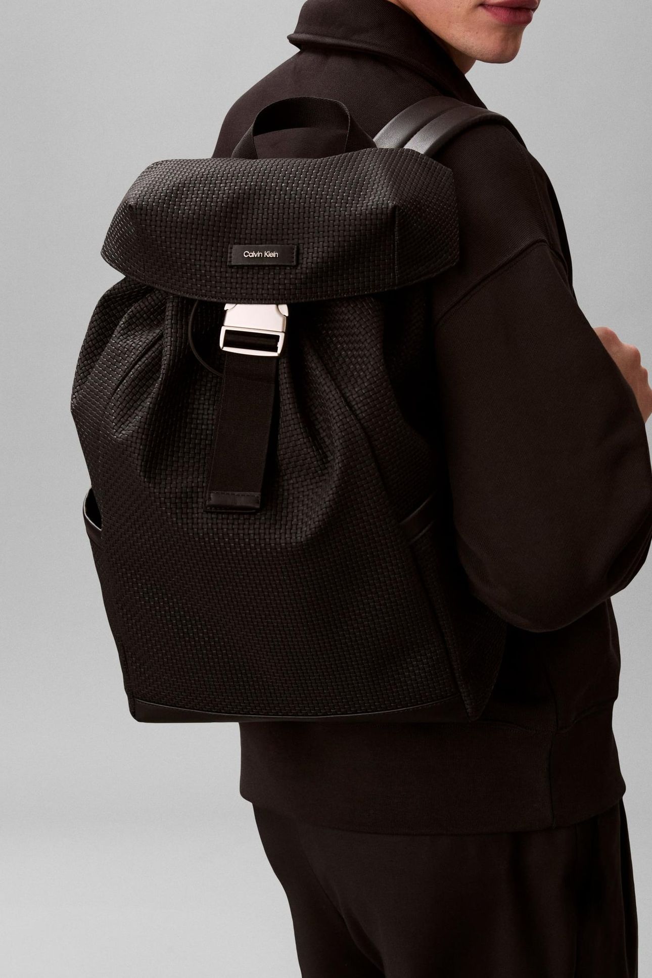 EMBOSSED WOVEN FLAP BACKPACK BLACK 1