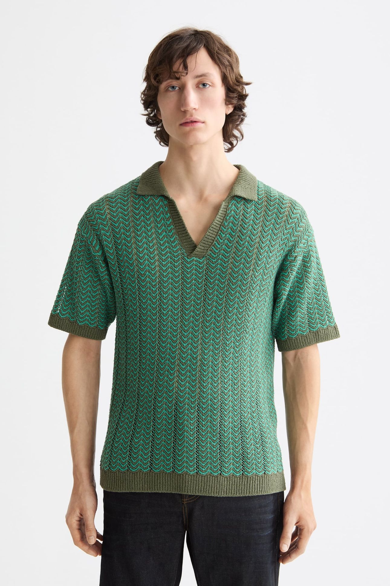 OPEN STRUCTURED KNITTED V-NECK POLO THYME 1