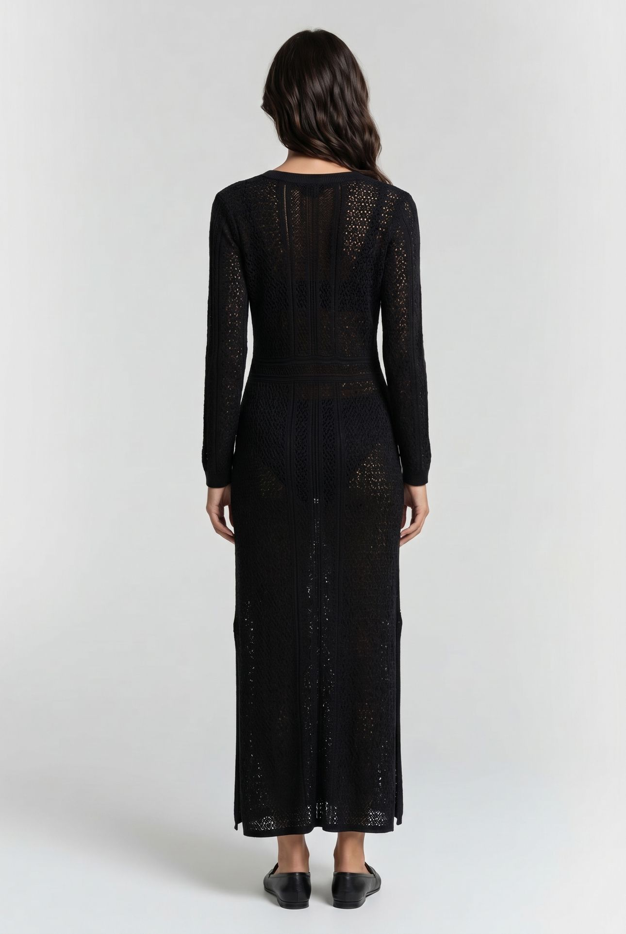 V-NECK KNITTED CROCHET DRESS BLACK 2