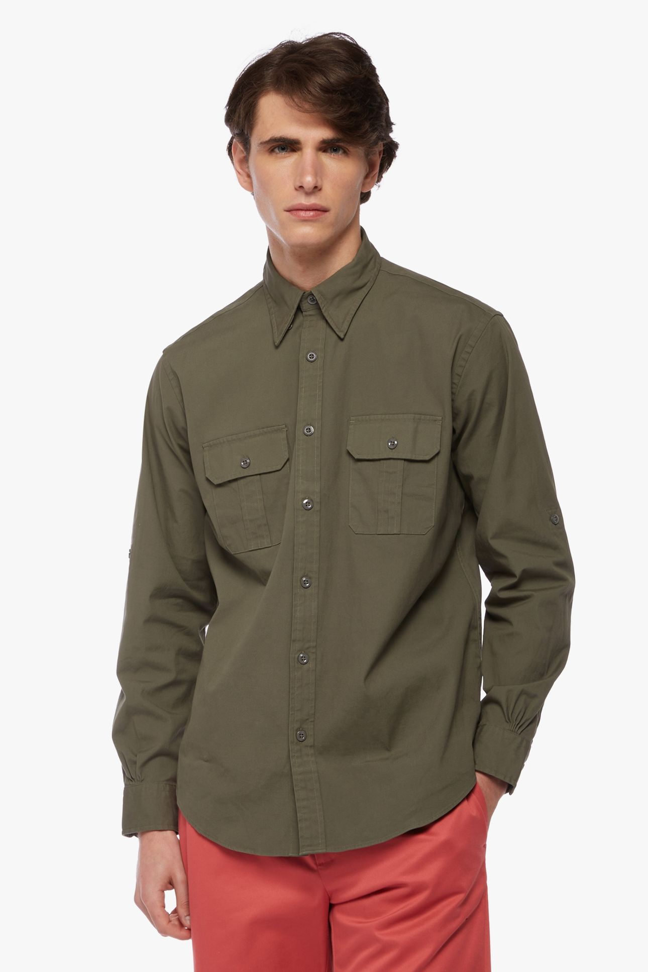 REGENT REGULAR FIT CANVAS SAFARI SPORT SHIRT DARK GREEN 1