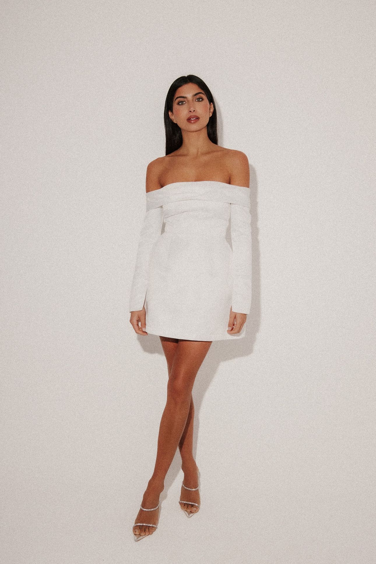 SATIN BARDOT MINI DRESS WHITE 3