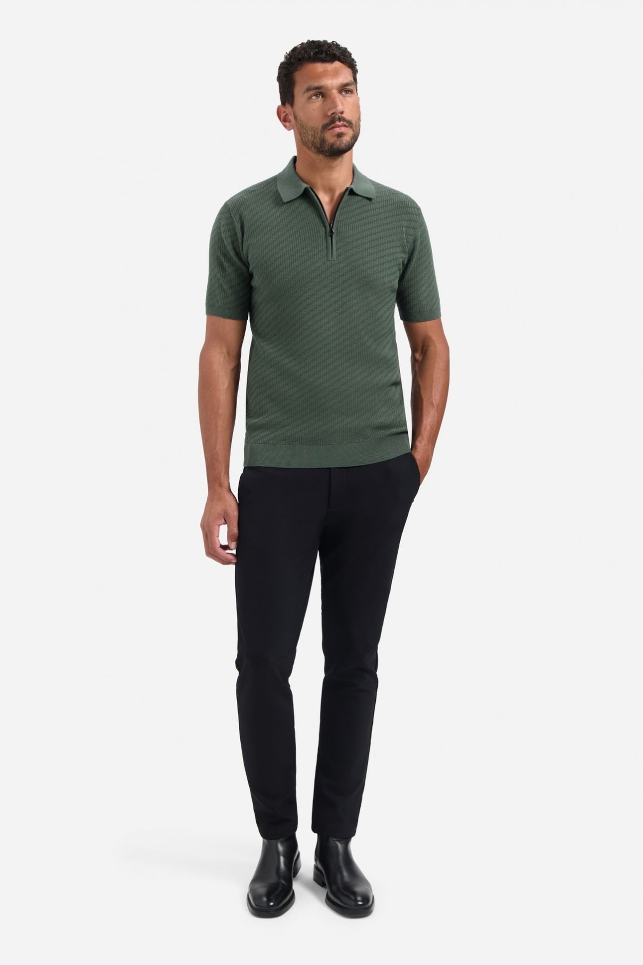 PULLOVER SHORT SLEEVE POLO ZIP SOLID JACQUARD DARK GREEN 1