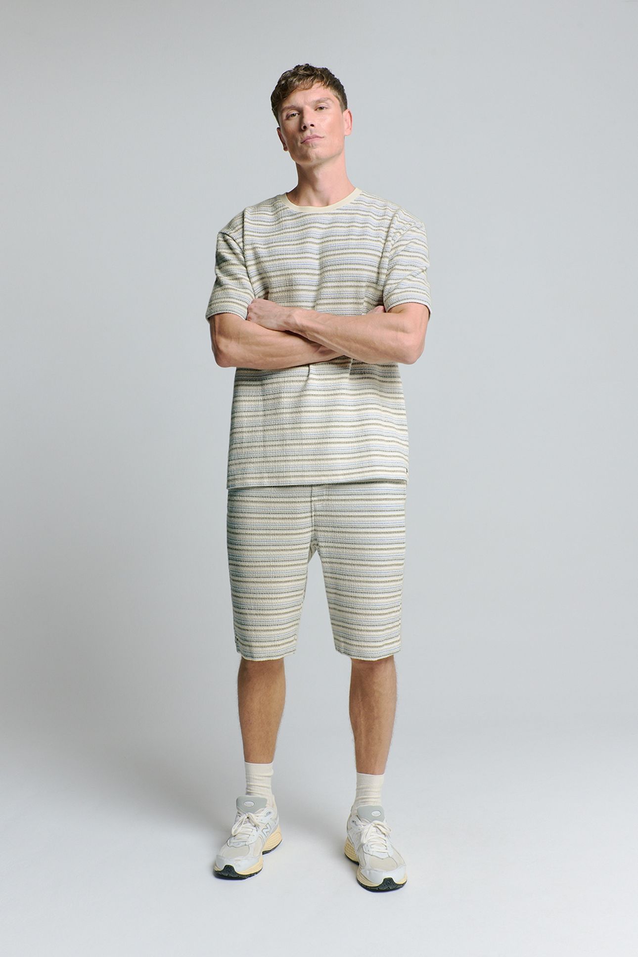 T-SHIRT CREWNECK MULTI COLOURED JACQUARD SLUB STRIPE DEEP BL 1