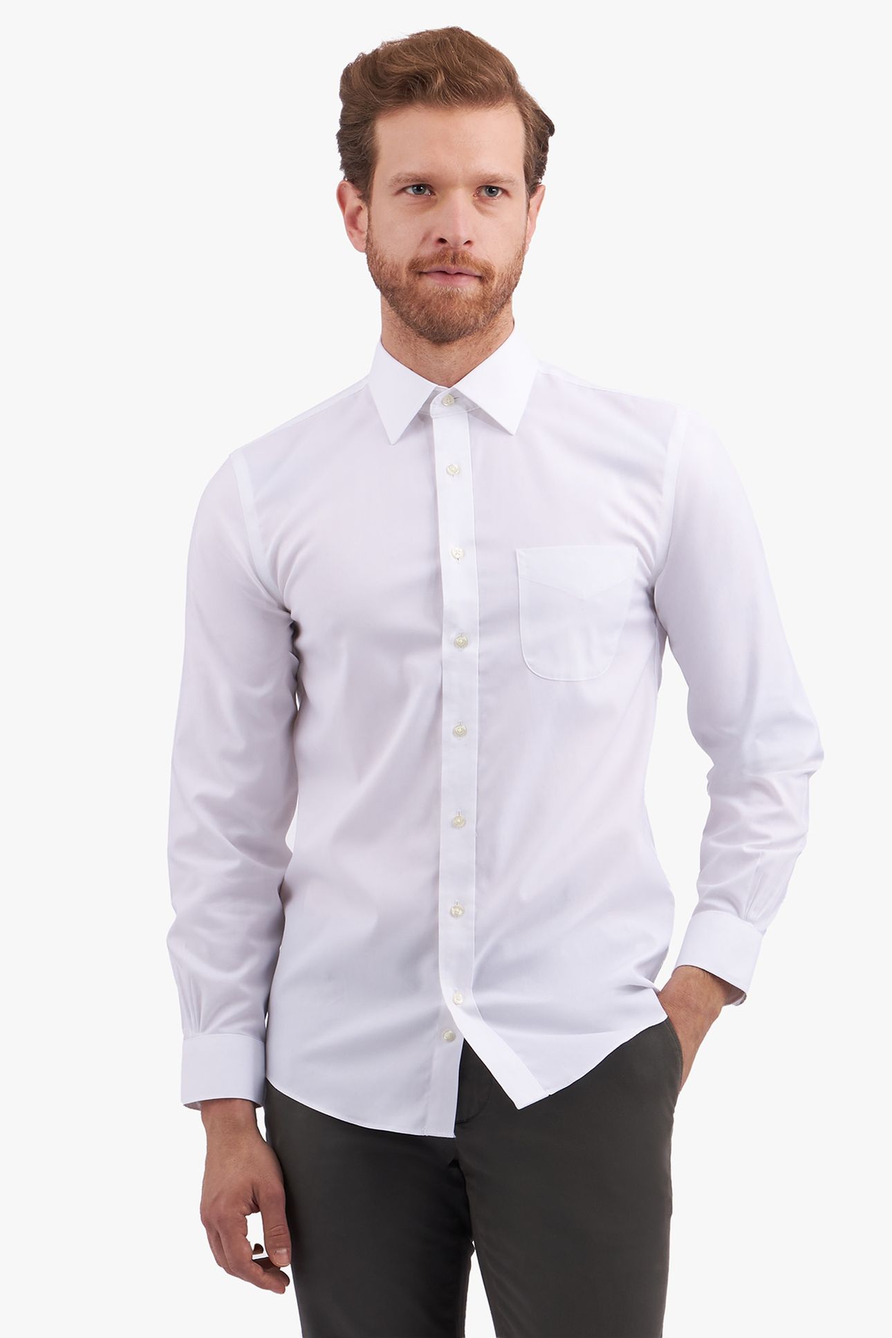 SLIM FIT NON-IRON COTTON SHIRT WITH AINSLEY COLLAR WHITE 1