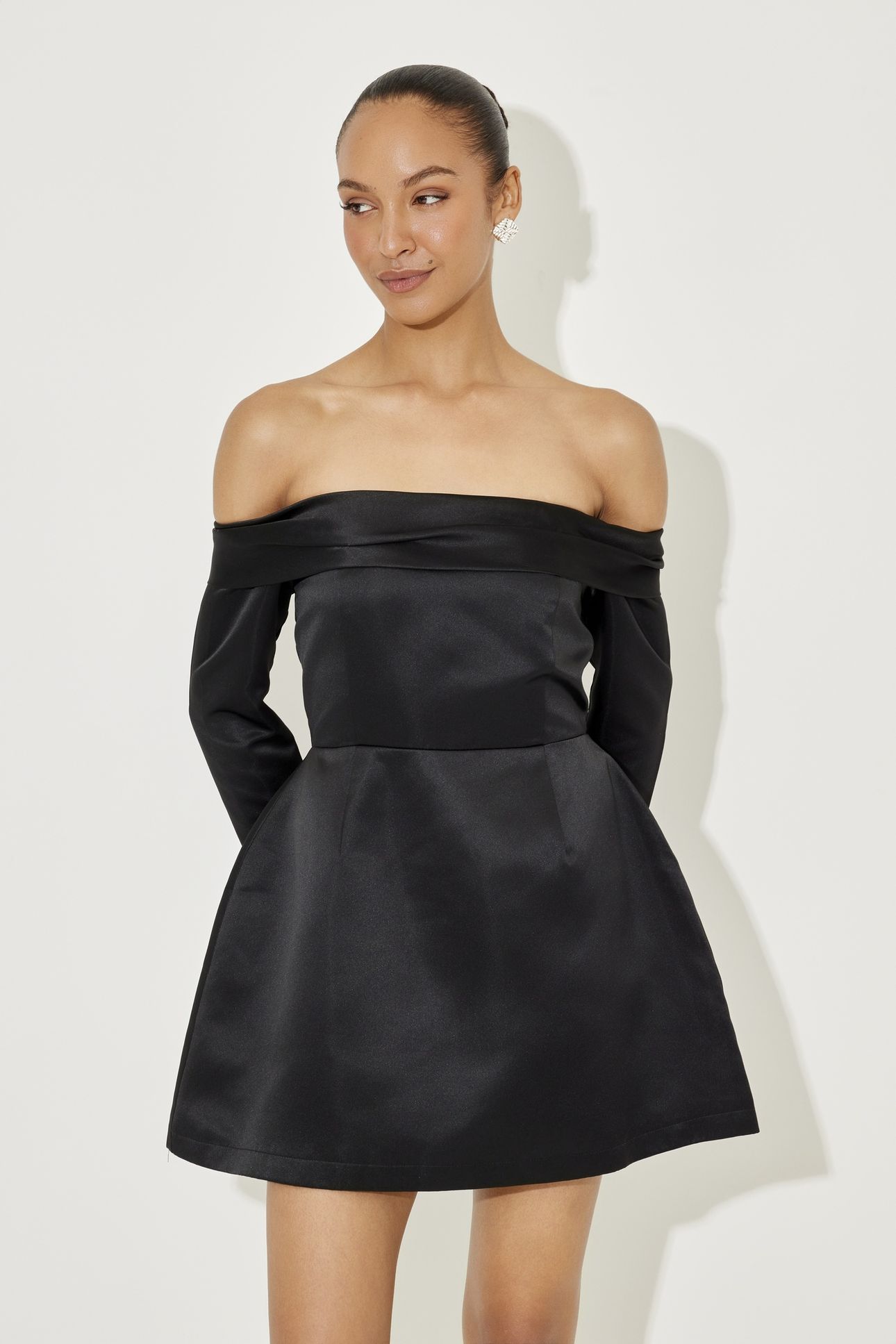 SATIN BARDOT MINI DRESS BLACK 2