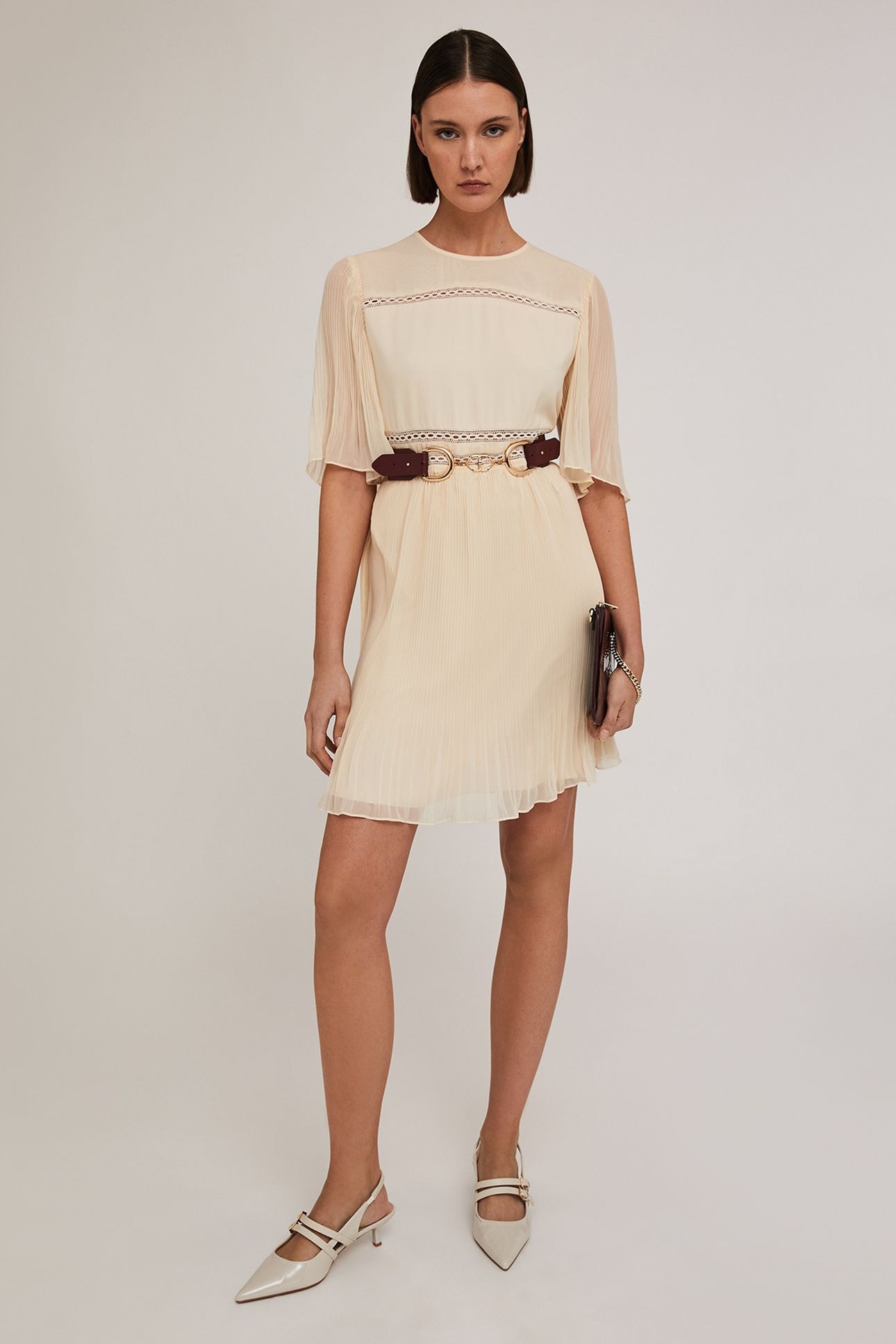 EMBROIDERED DRESS WITH PLEATED DETAILS WHITE 3