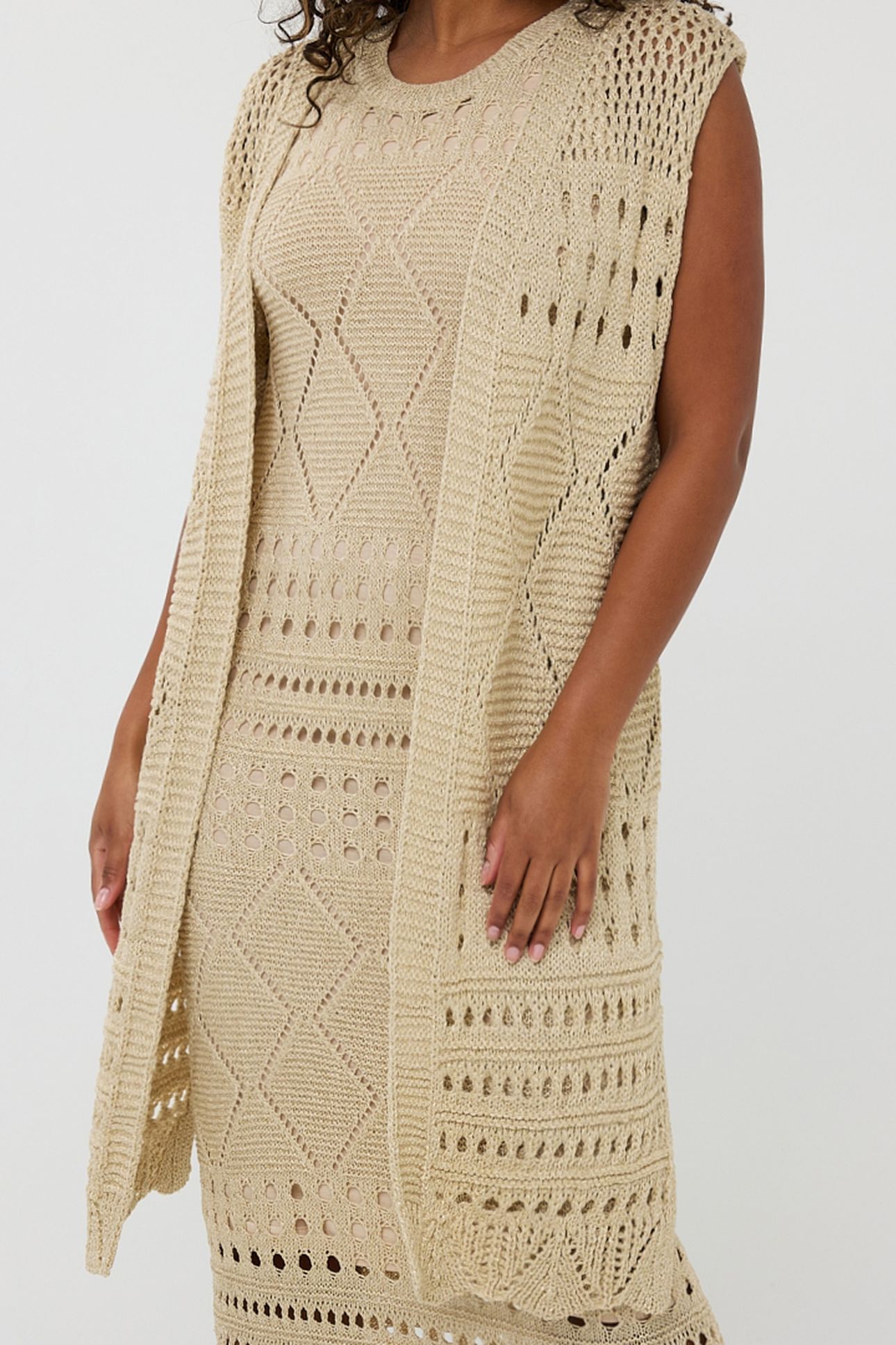 GILLET LONG FANCY OPEN KNIT LUREX LIGHT SAND 1