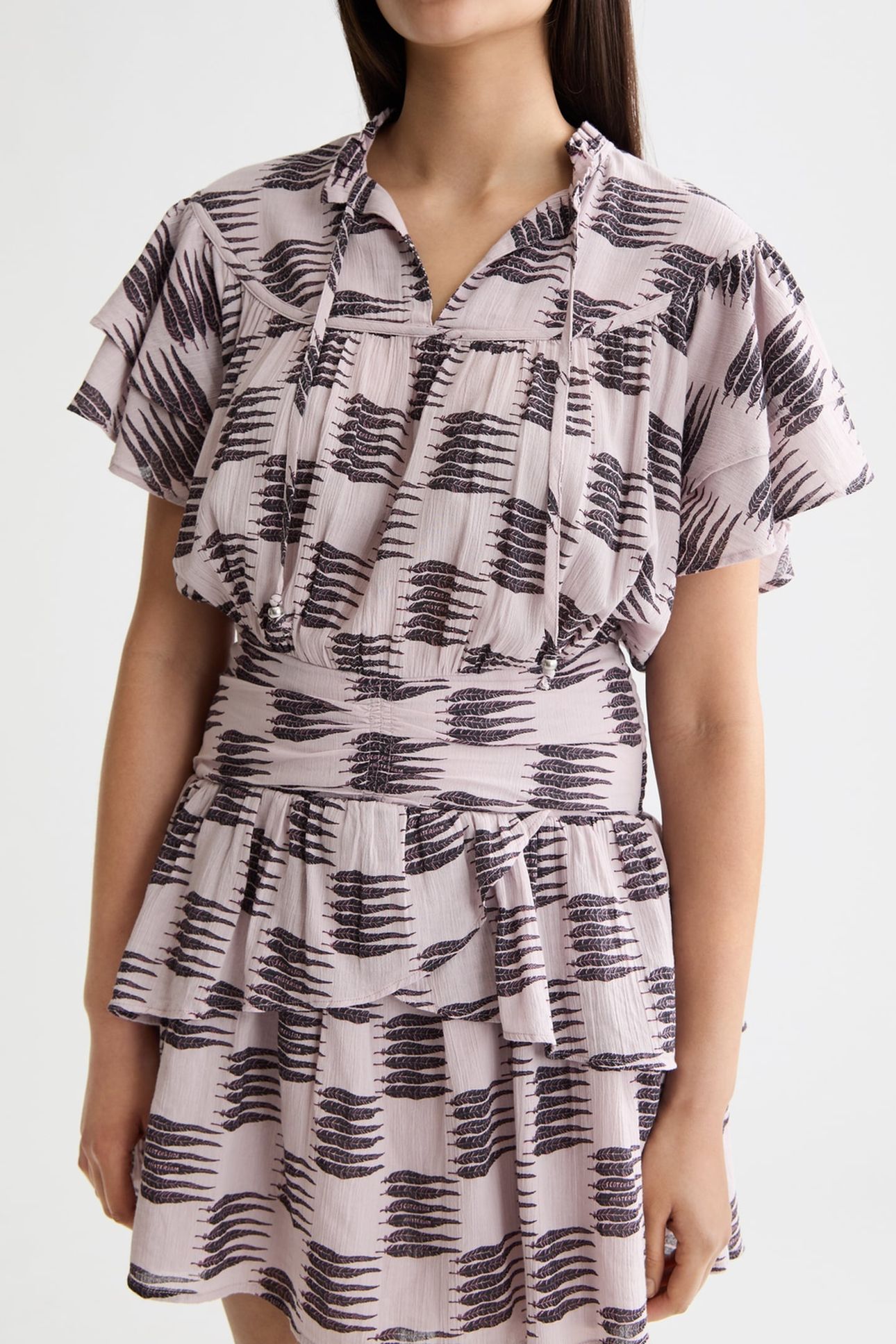 RUFFLED MINI DRESS WITH GATHERED WAIST FEATHER BLOCK 1