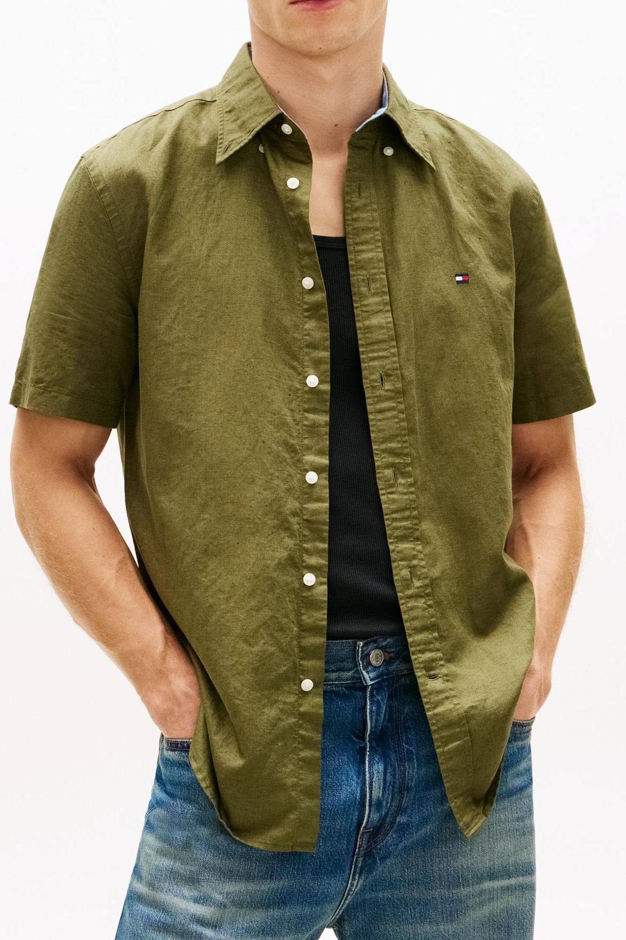 LINEN BLEND SOLID SS SHIRT DARK ARTICHOKE 1