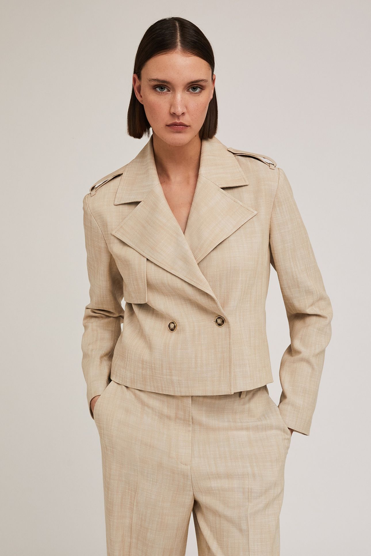 POLYVISCOSE DOUBLE-BREASTED SHORT JACKET BEIGE 1