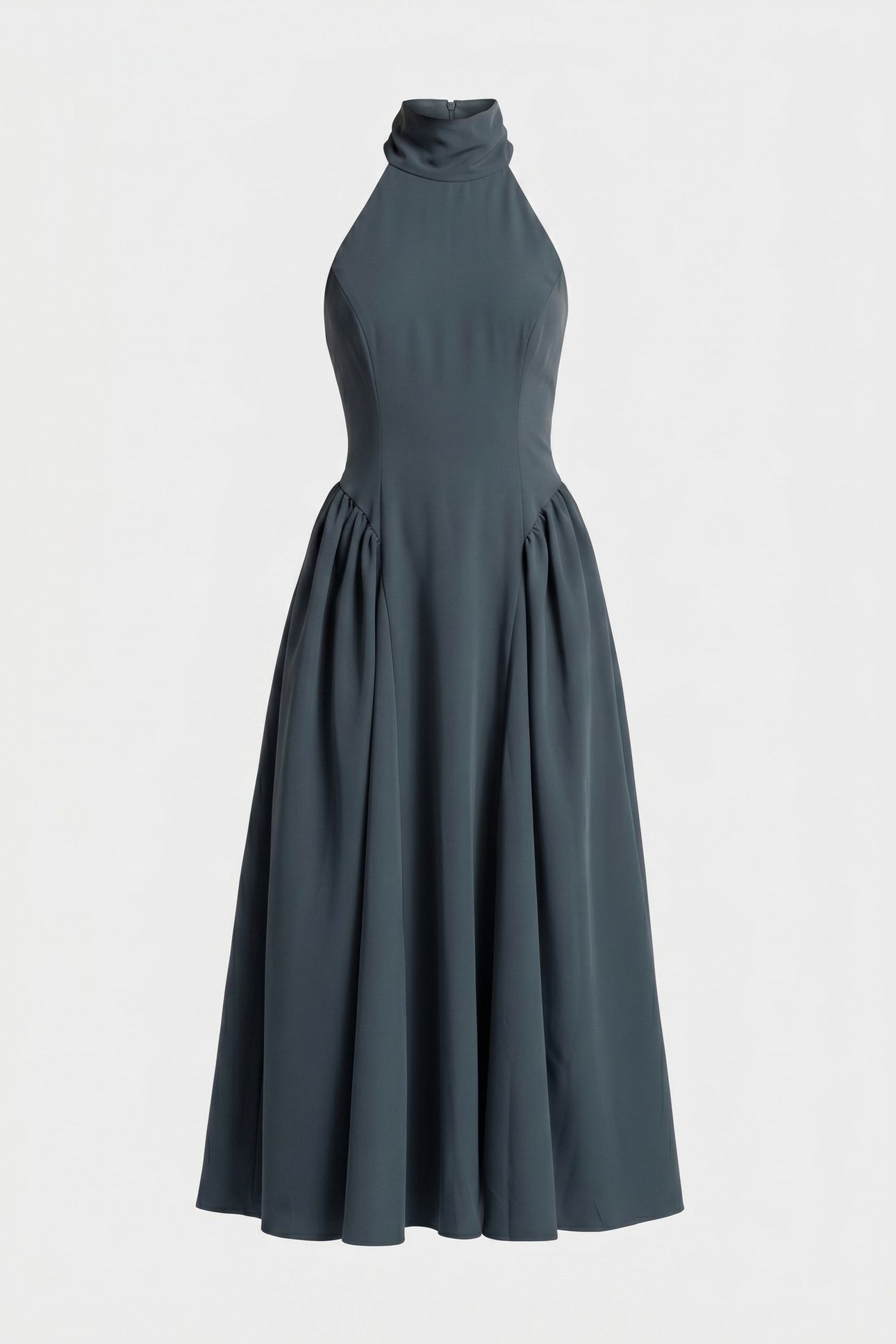 TIE NECK GATHERED MIDI DRESS TEAL 3