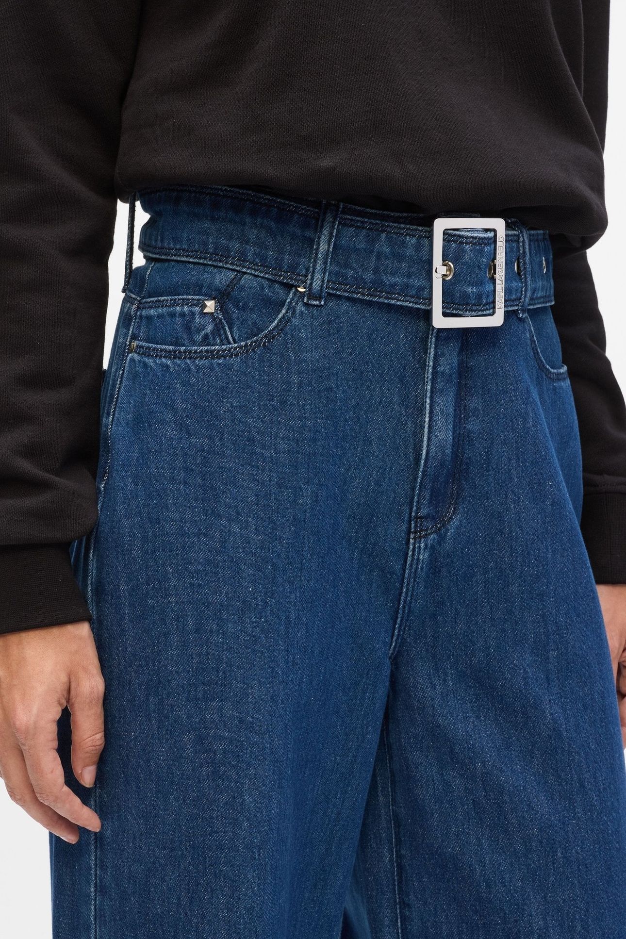 BELTED WIDE LEG DENIM PANTS DARK BLUE 3