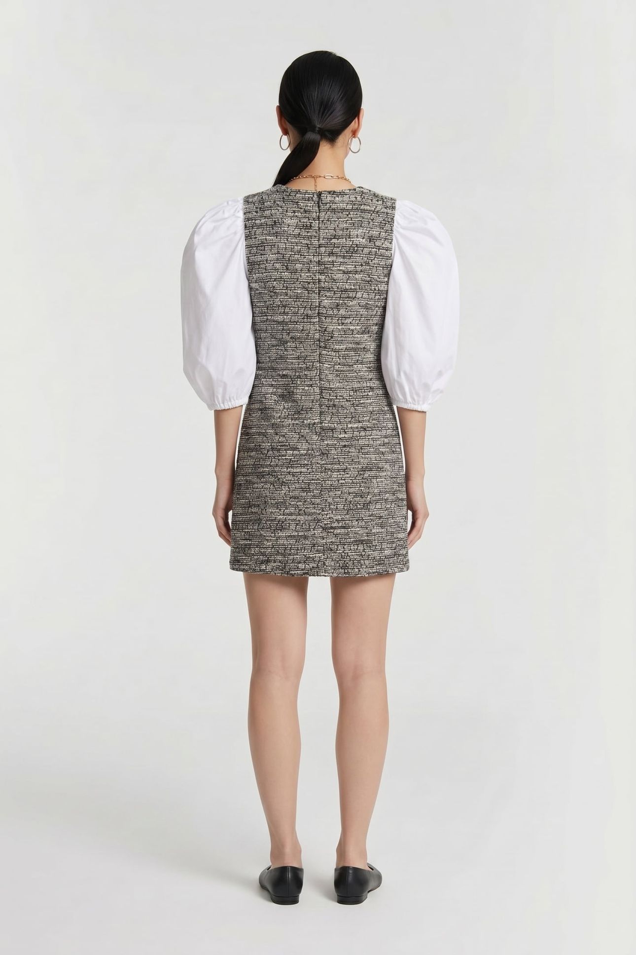 BOUCLE POPLIN SLEEVE DRESS BLACK/WHITE BOUCLE 2