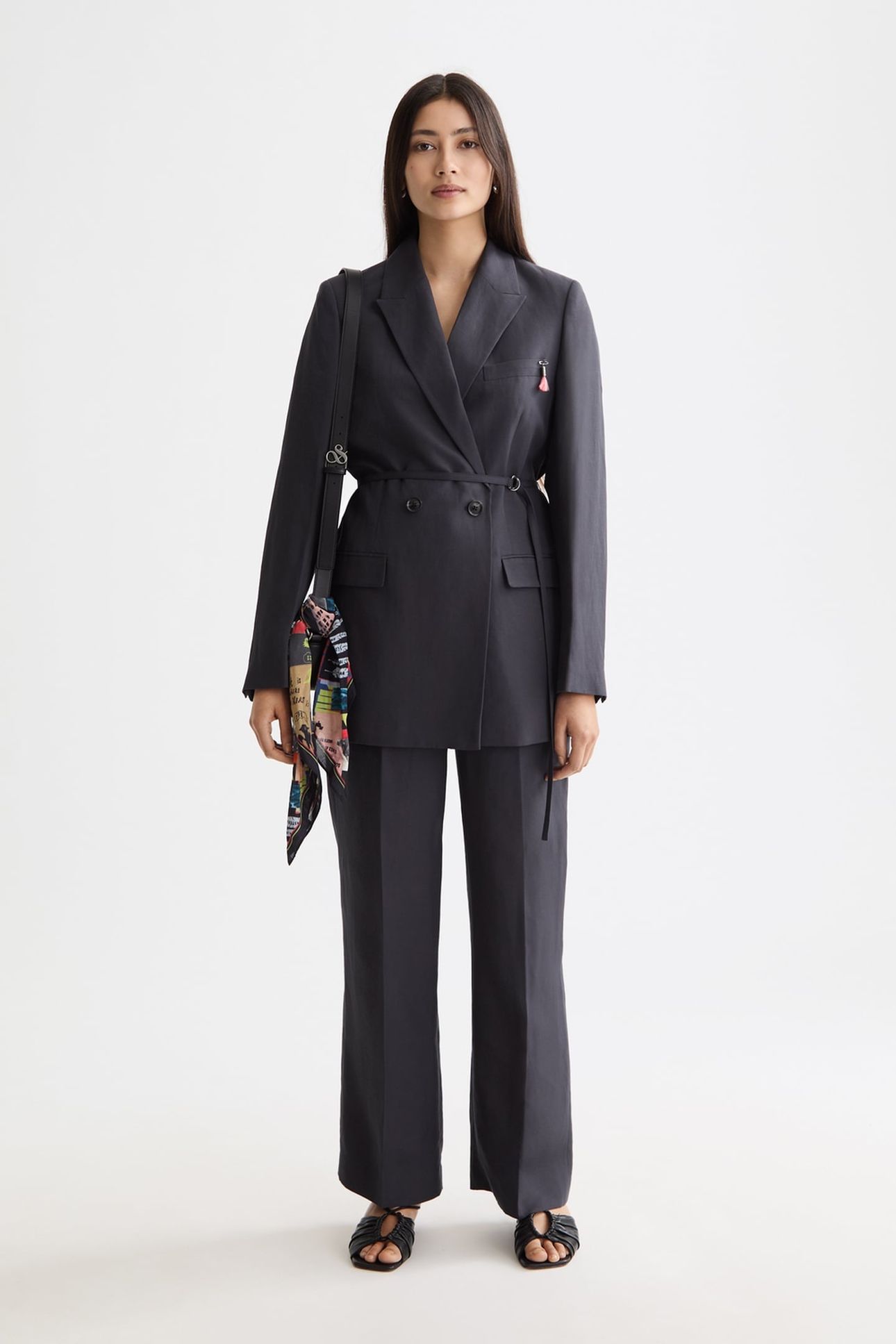 DOUBLE BREASTED BELTED DRAPEY BLAZER CHARCOAL ART 1