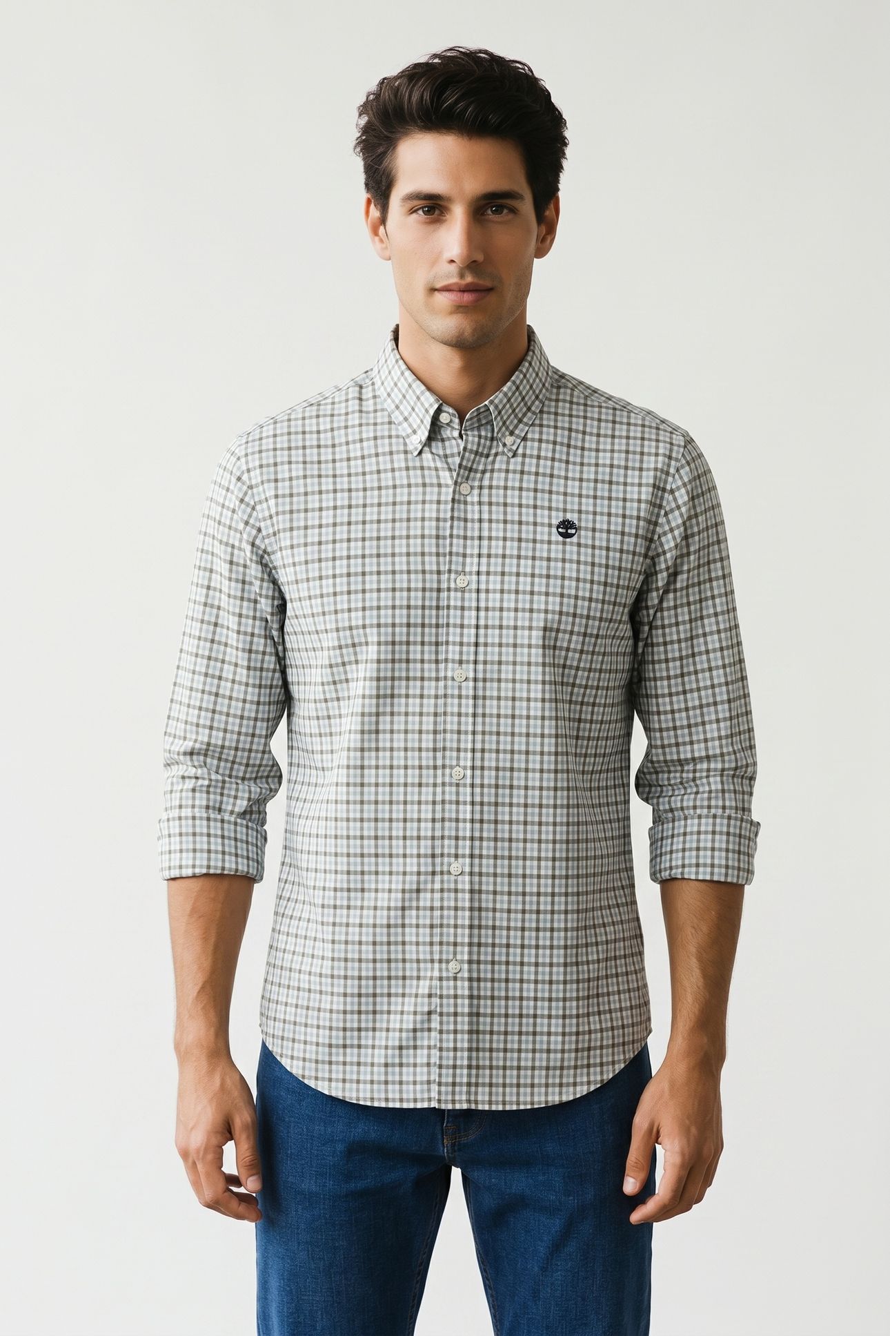 STRETCH POPLIN GINGHAM SHIRT SILVER BLUE YD 2