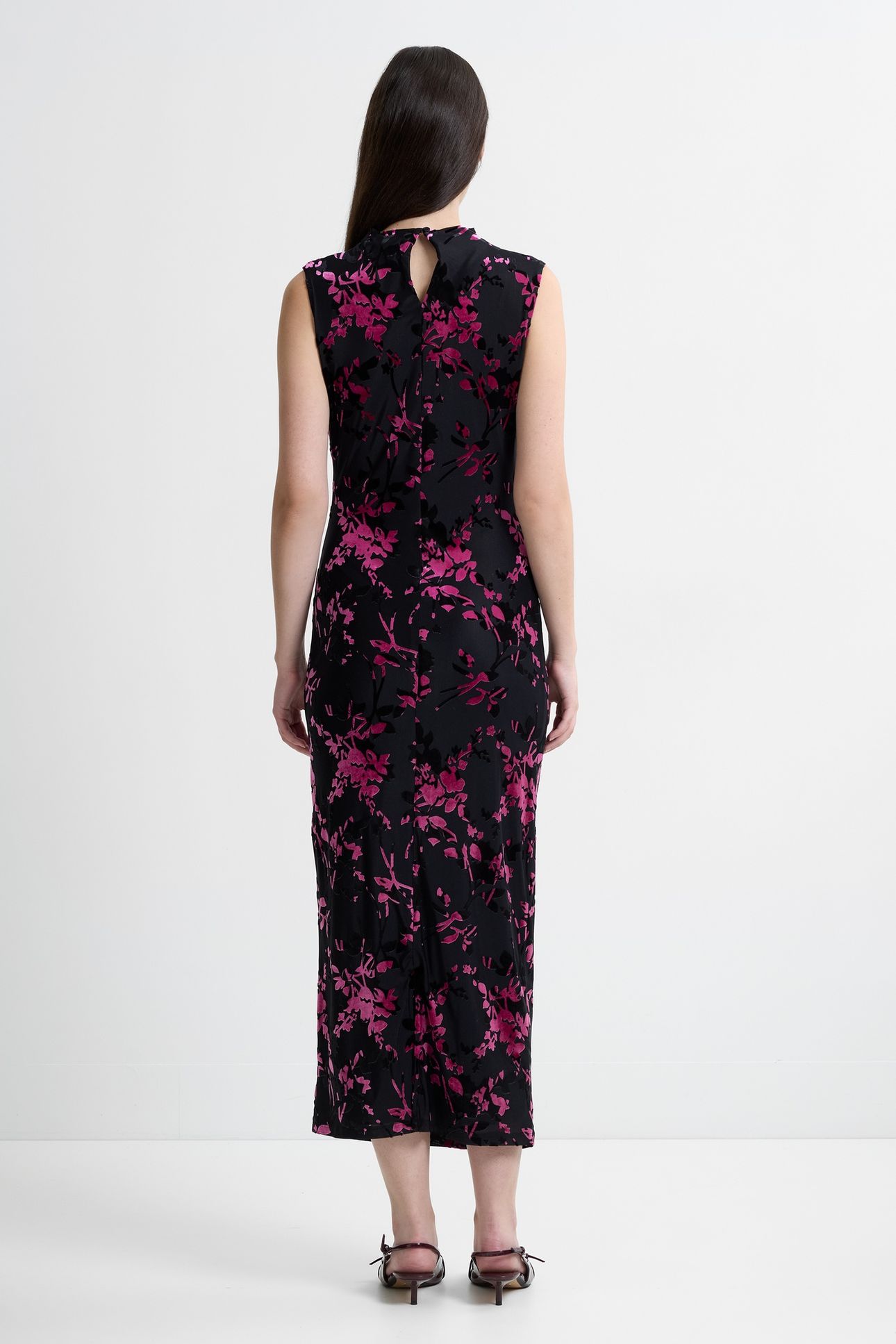 IDINA BURNOUT DRAPED MIDI DRES BLACK/FLURO PINK 2