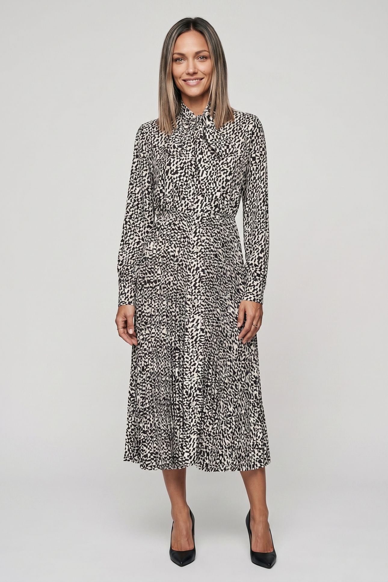 PLEATED SHIRT DRESS BLK-PRISTINE MINI GEO 1