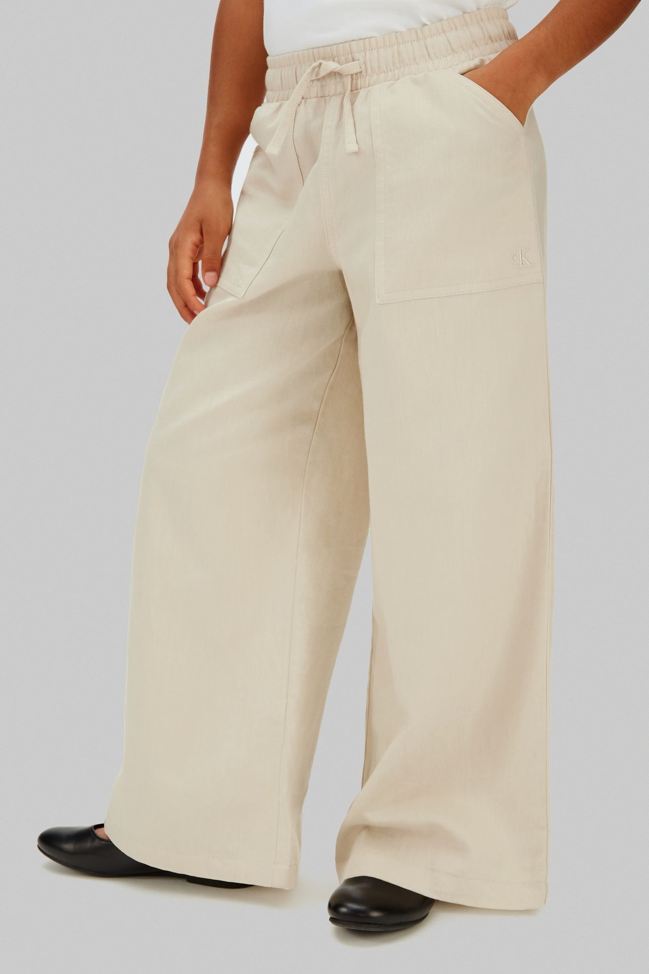 GIRLS WIDE LEG LINEN PANTS OATMEAL 1