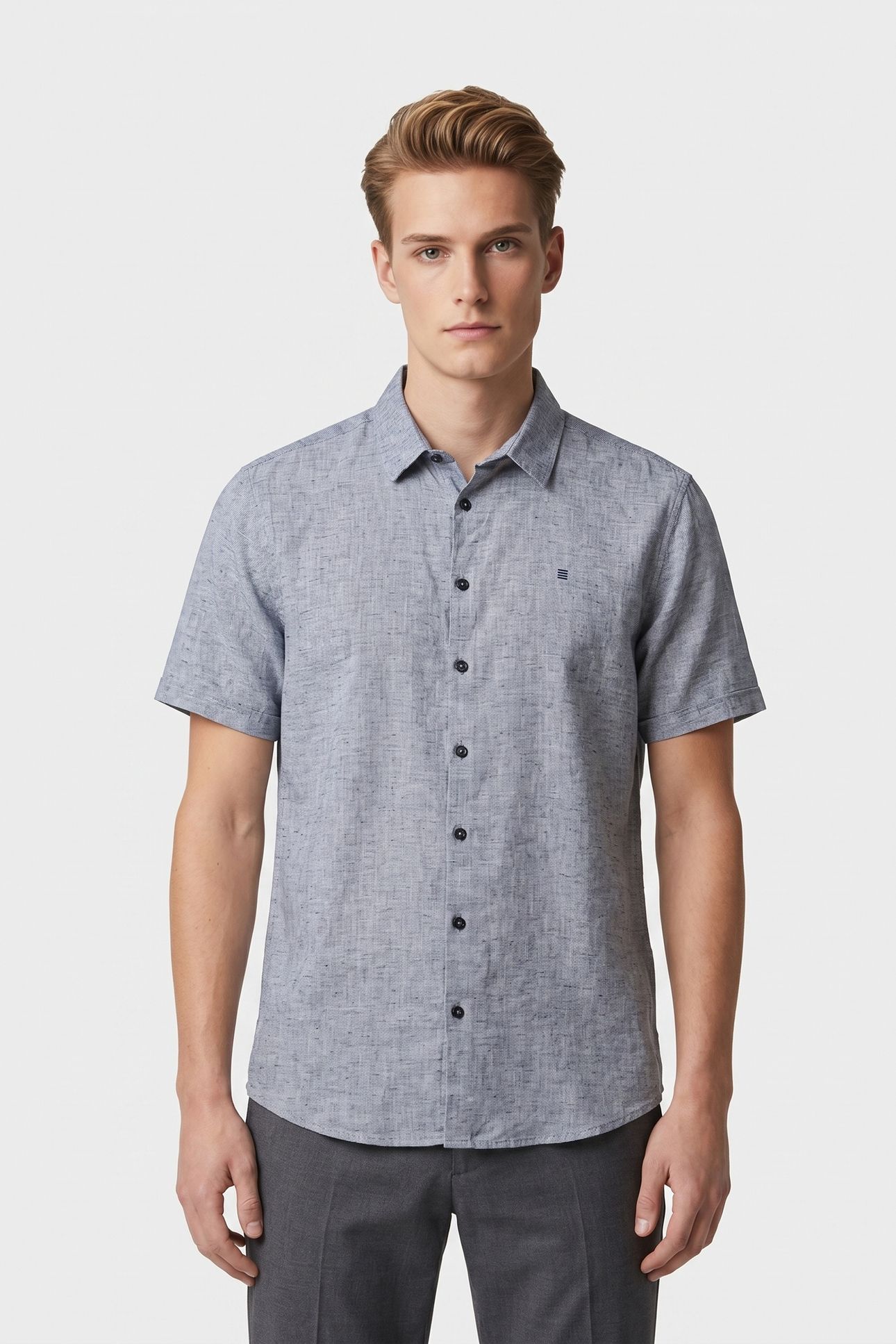 SHIRT SHORT SLEEVE 2 COLOURED MELANGE WITH LINEN INDIGO BLUE 1