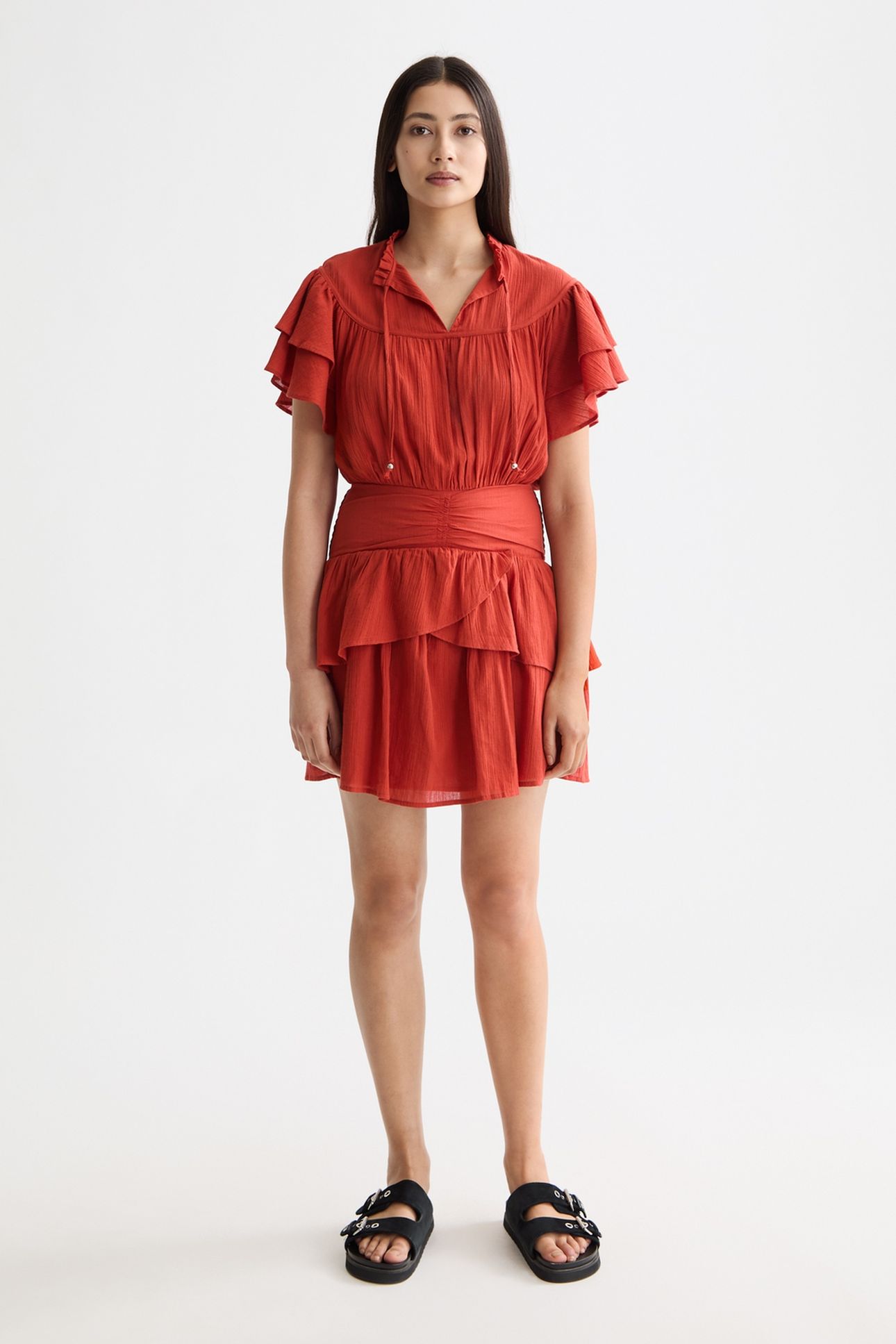 RUFFLED MINI DRESS WITH GATHERED WAIST KETCHUP 2