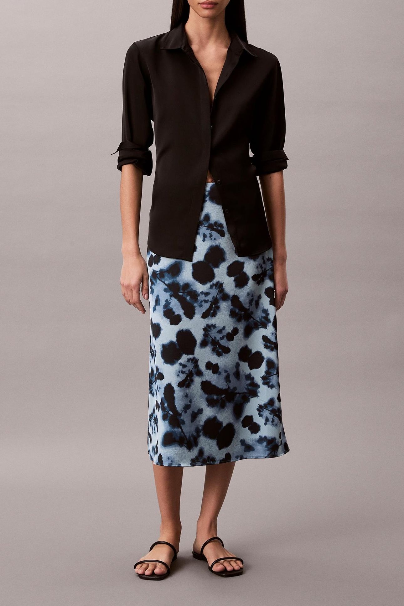PRINTED SATIN MIDI SKIRT BLUE 1