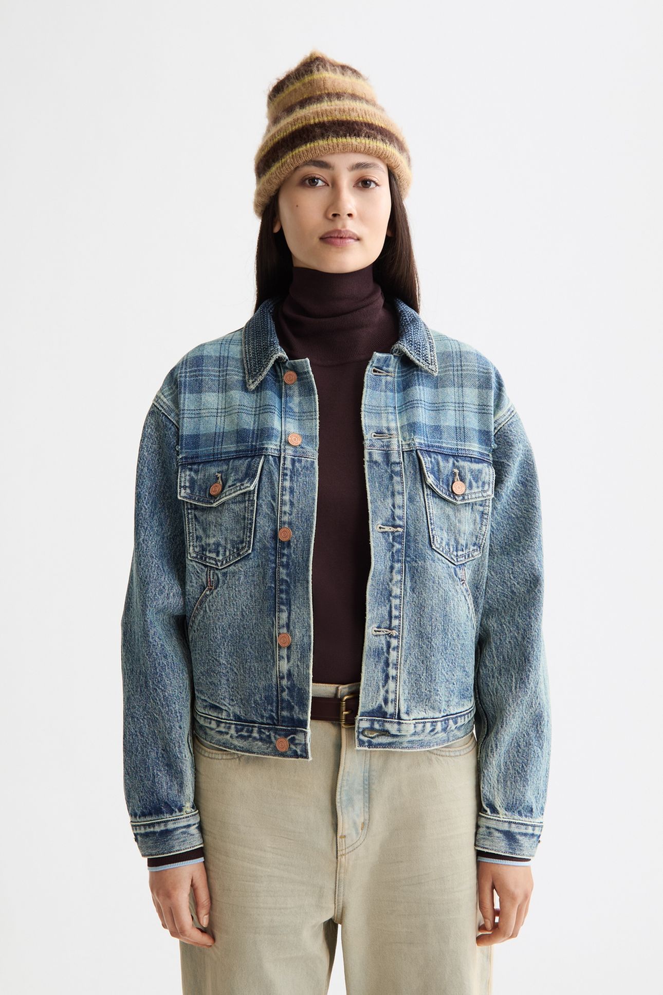 CUSTOMISED DENIM JACKET IN MIXED FABRIC - OUTDOOR BLUE OUTDO 2
