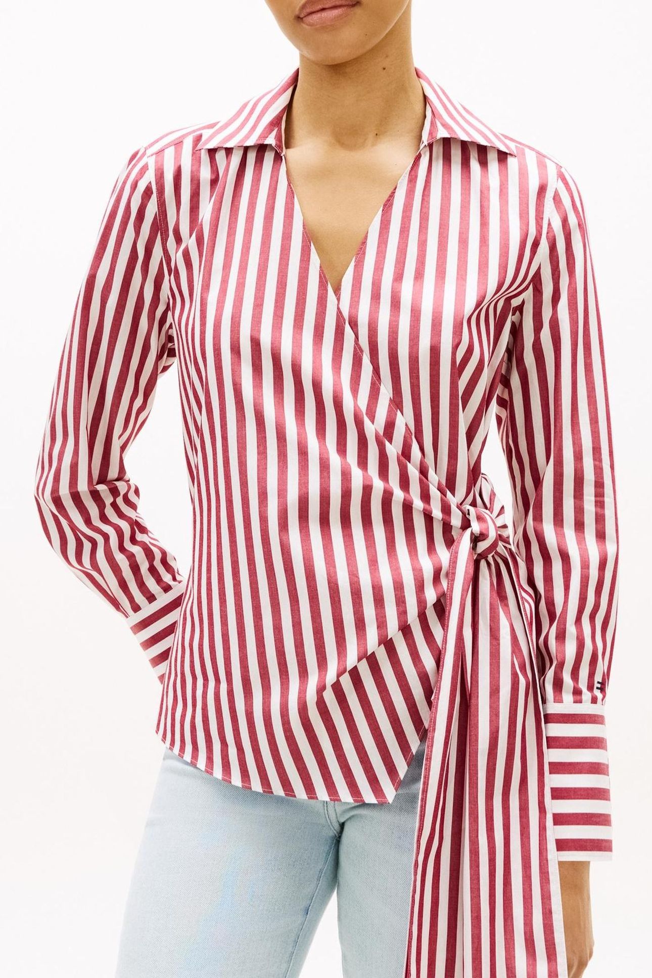 POPLIN KNOT BLOUSE WIDE BANKER STP ECRU LIBERTY RED 1