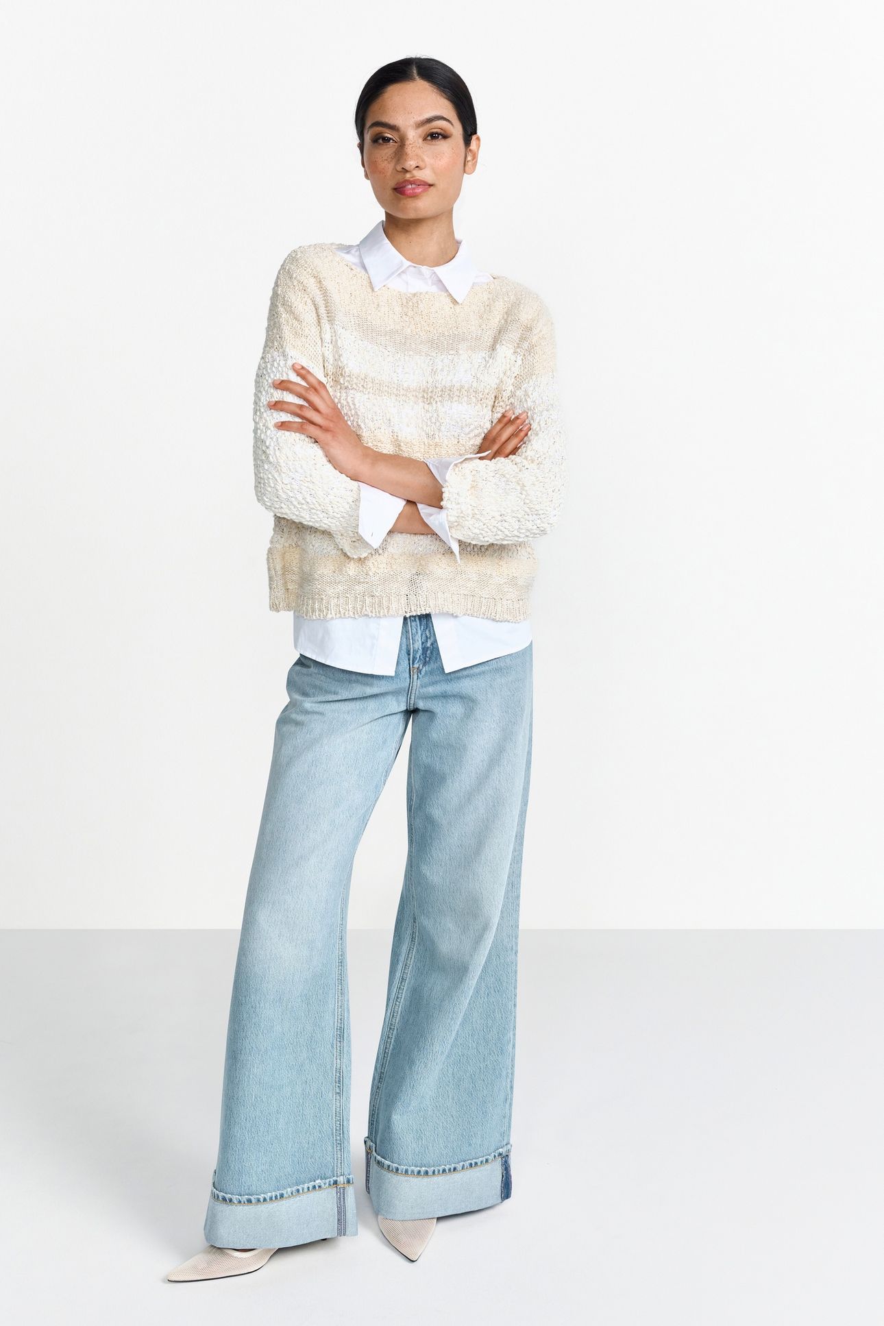 BOAT NECK PULLOVER YARN MIX STRIPE PEARL WHITE 1