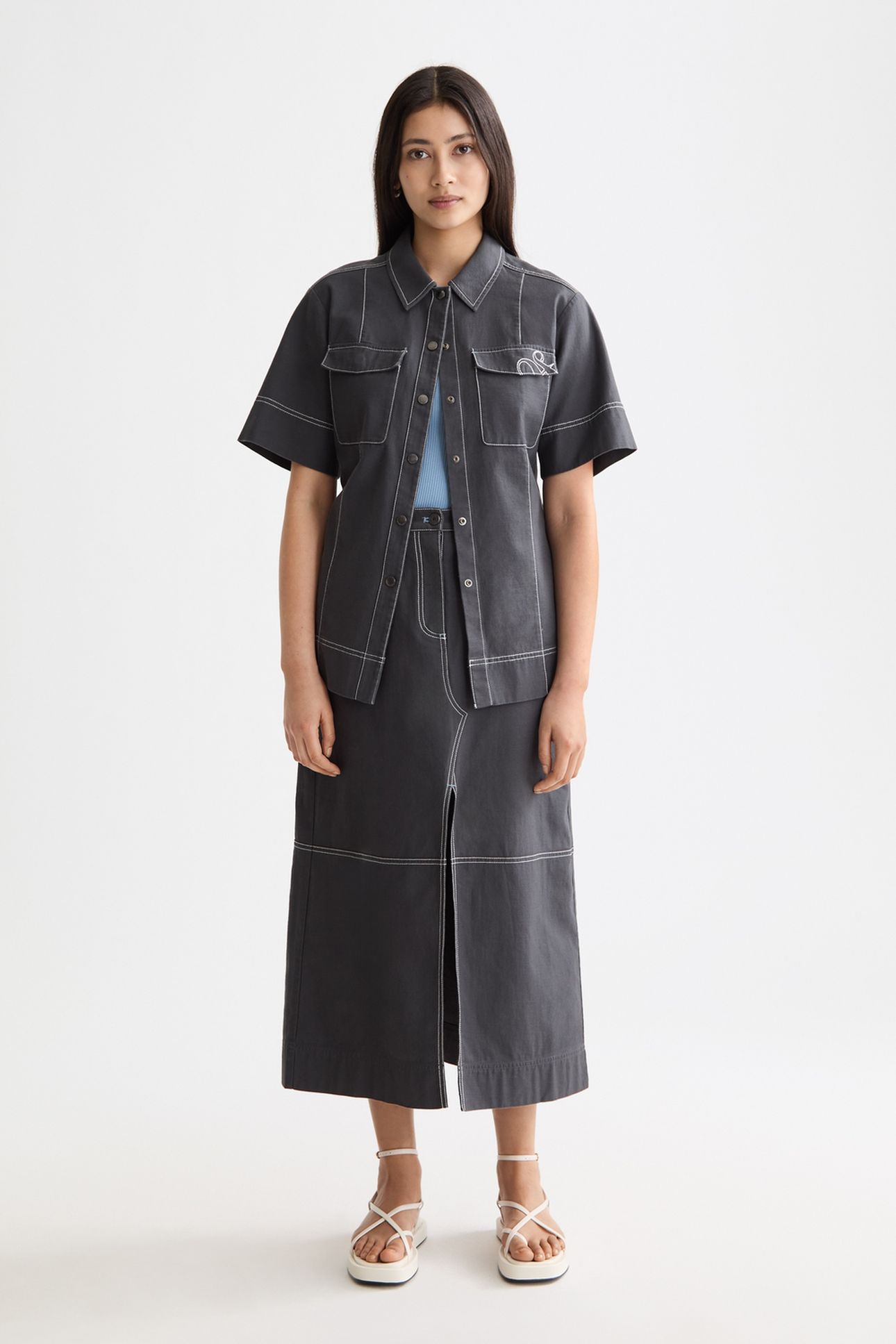 WORKWEAR MIDI SKIRT WITH FRONT SLIT CHARCOAL ART 3