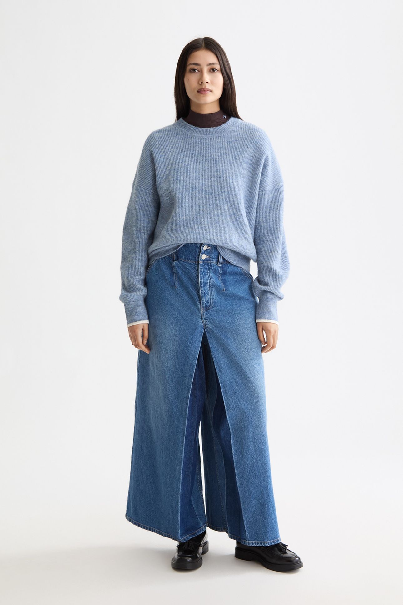 FUZZY CREW NECK PULLOVER FADED DENIM MELANGE 1