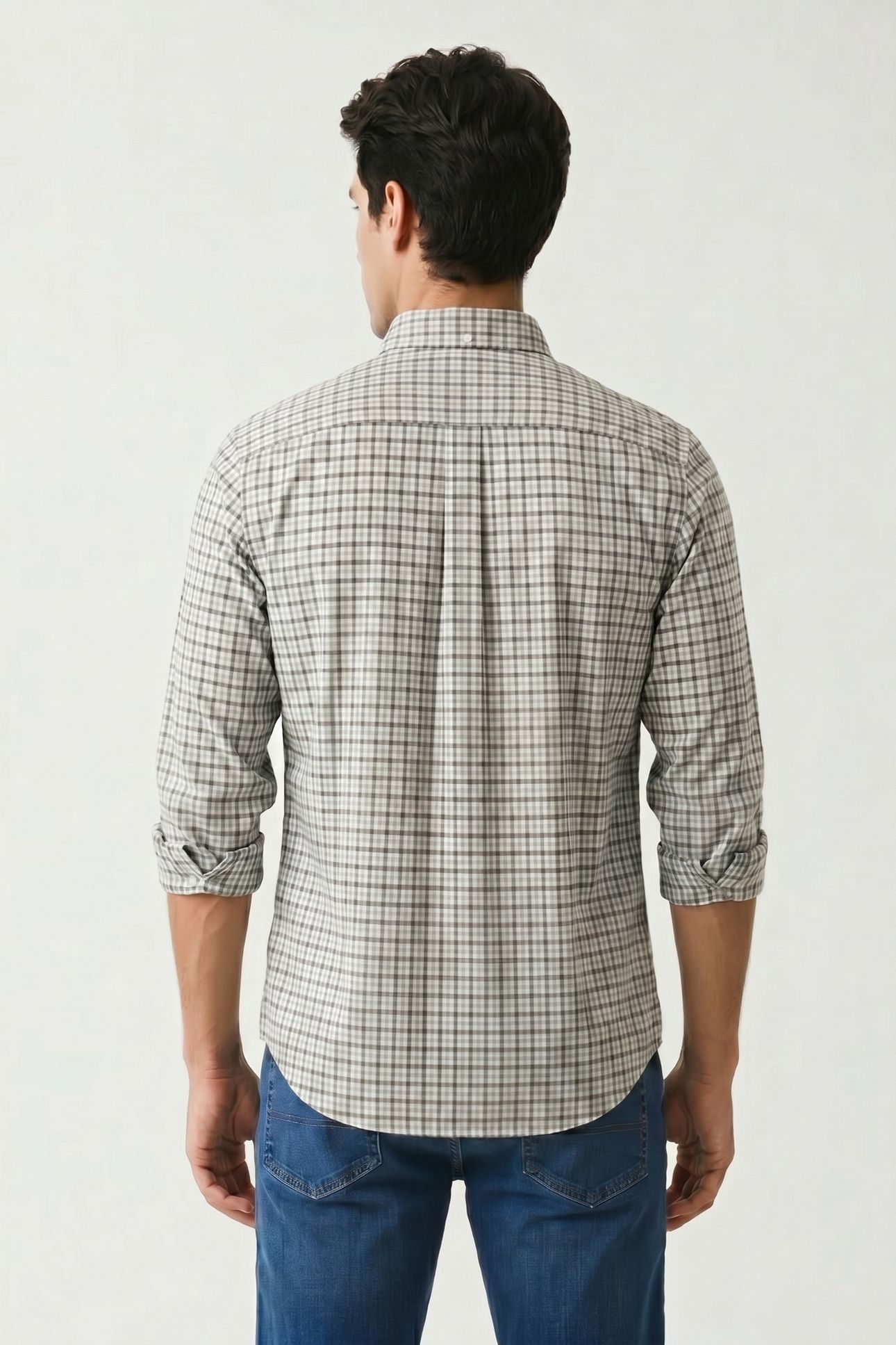 STRETCH POPLIN GINGHAM SHIRT SILVER BLUE YD 4