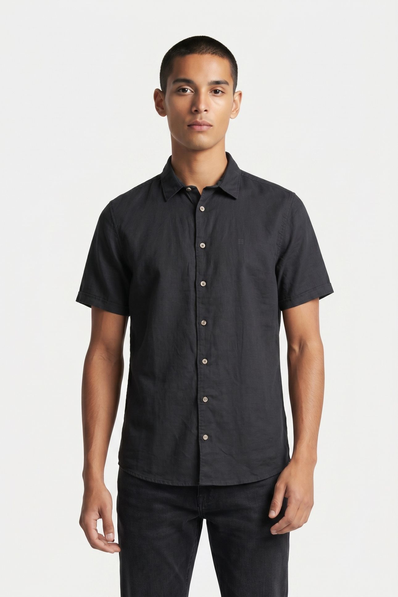 SHIRT SHORT SLEEVE SOLID WITH LINEN DARK STEEL 1