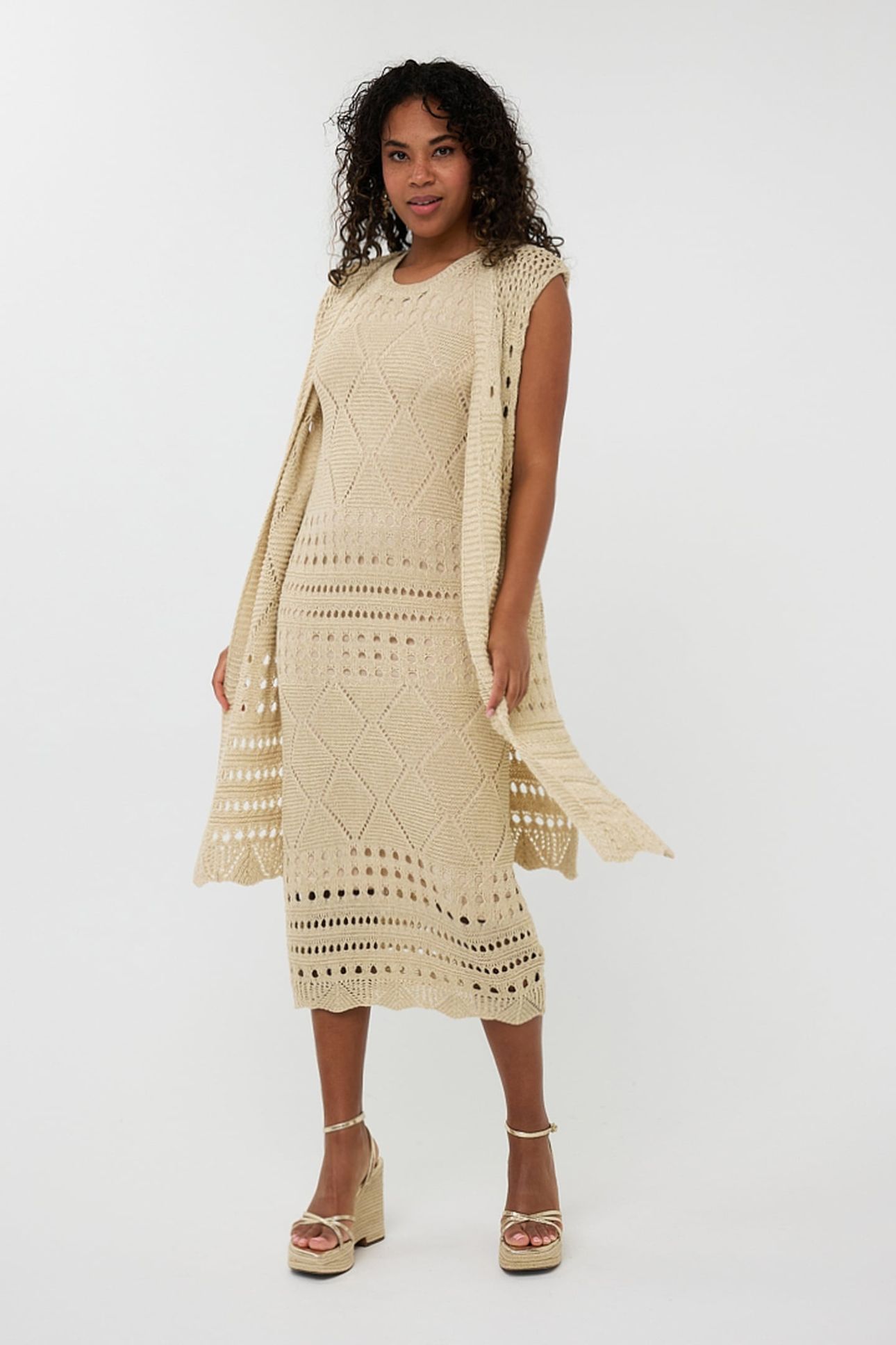 GILLET LONG FANCY OPEN KNIT LUREX LIGHT SAND 2