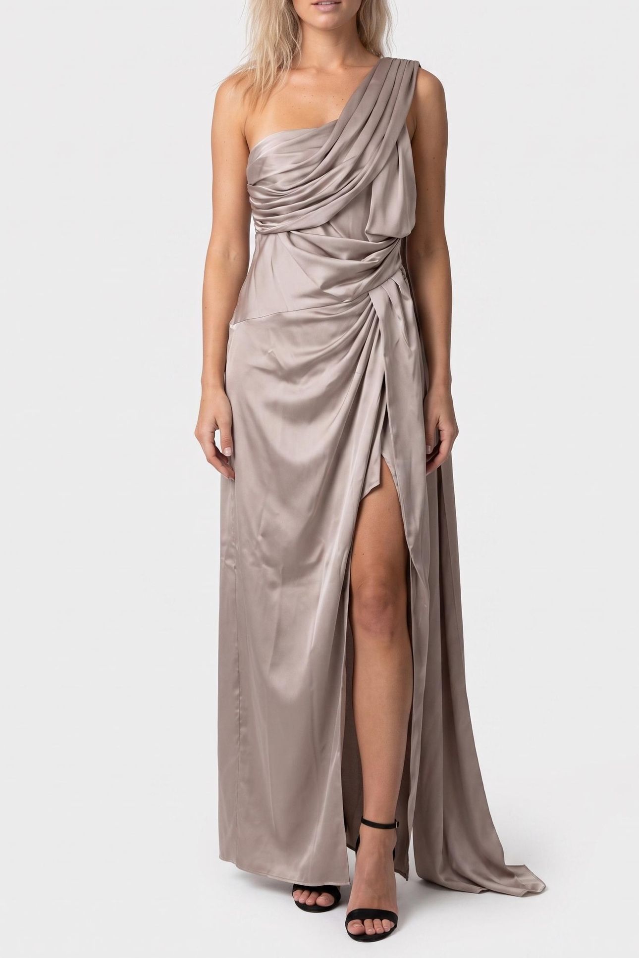 ARETHA DRAPED LONG D VELVET TAUPE 1