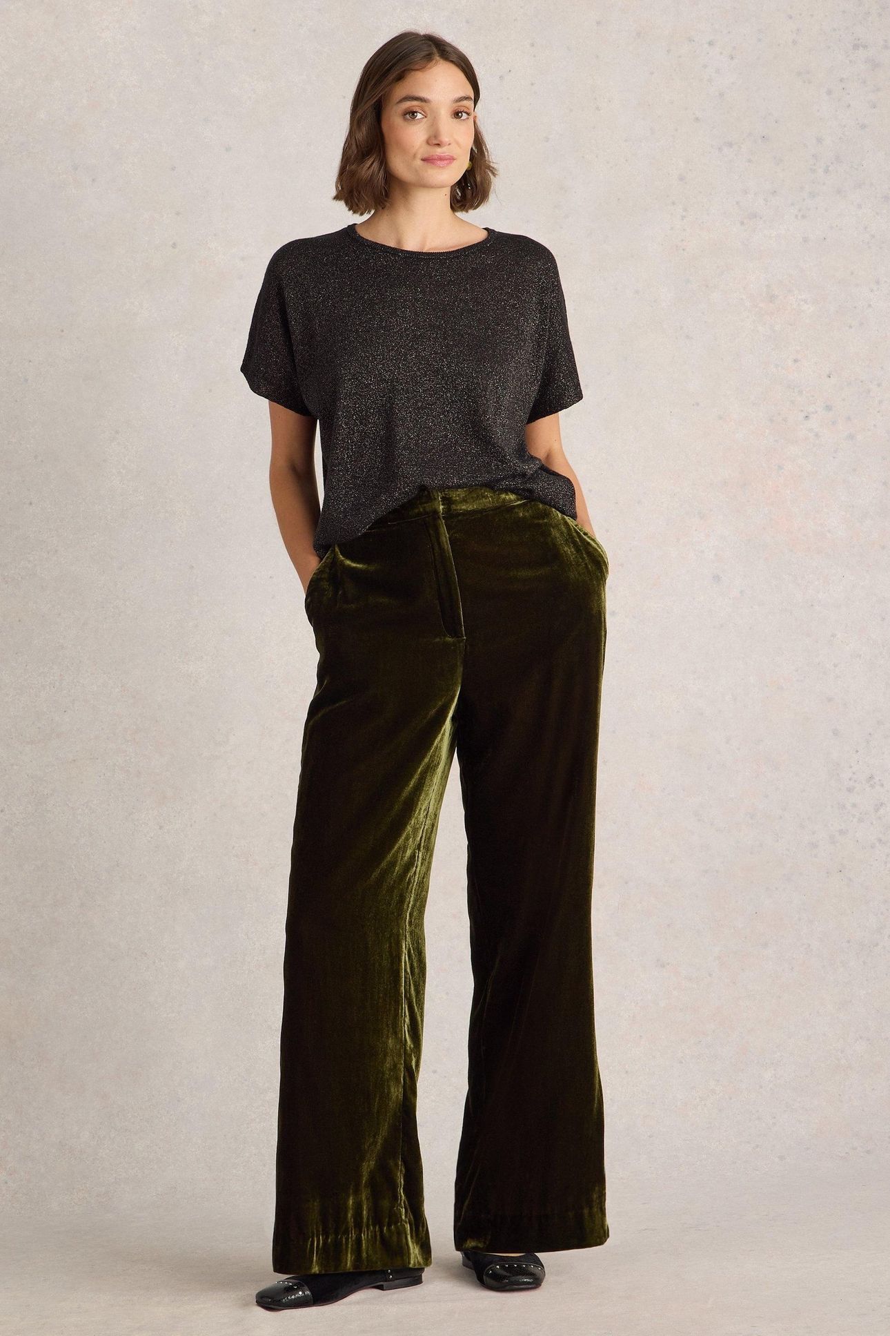BELLE WIDE LEG VELVET TROUSER KHAKI GREEN 1