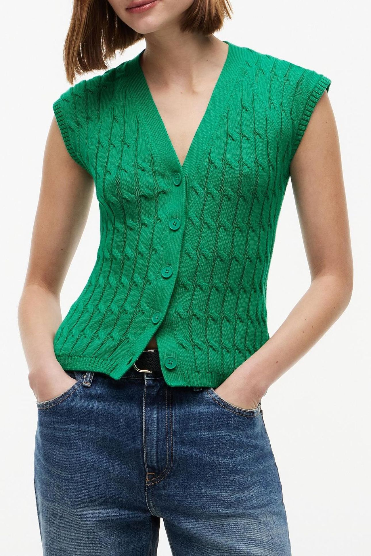MID CABLE VEST CARDIGAN COURTSIDE GREEN 1