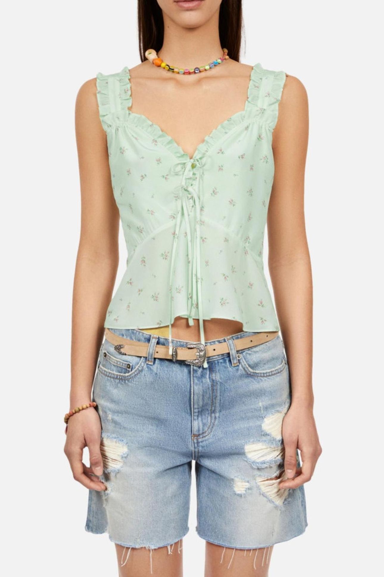 TOP WITH STRAPS AND RUFFLES GREEN 1