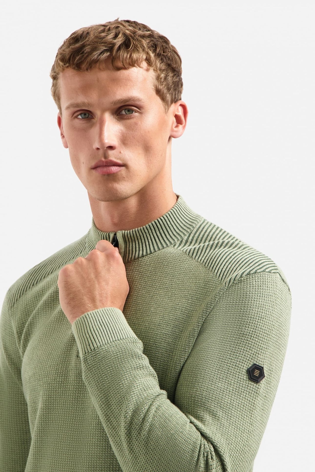 PULLOVER HALF ZIP PLATED STRUCTURE KNIT LIGHT MOSS 2