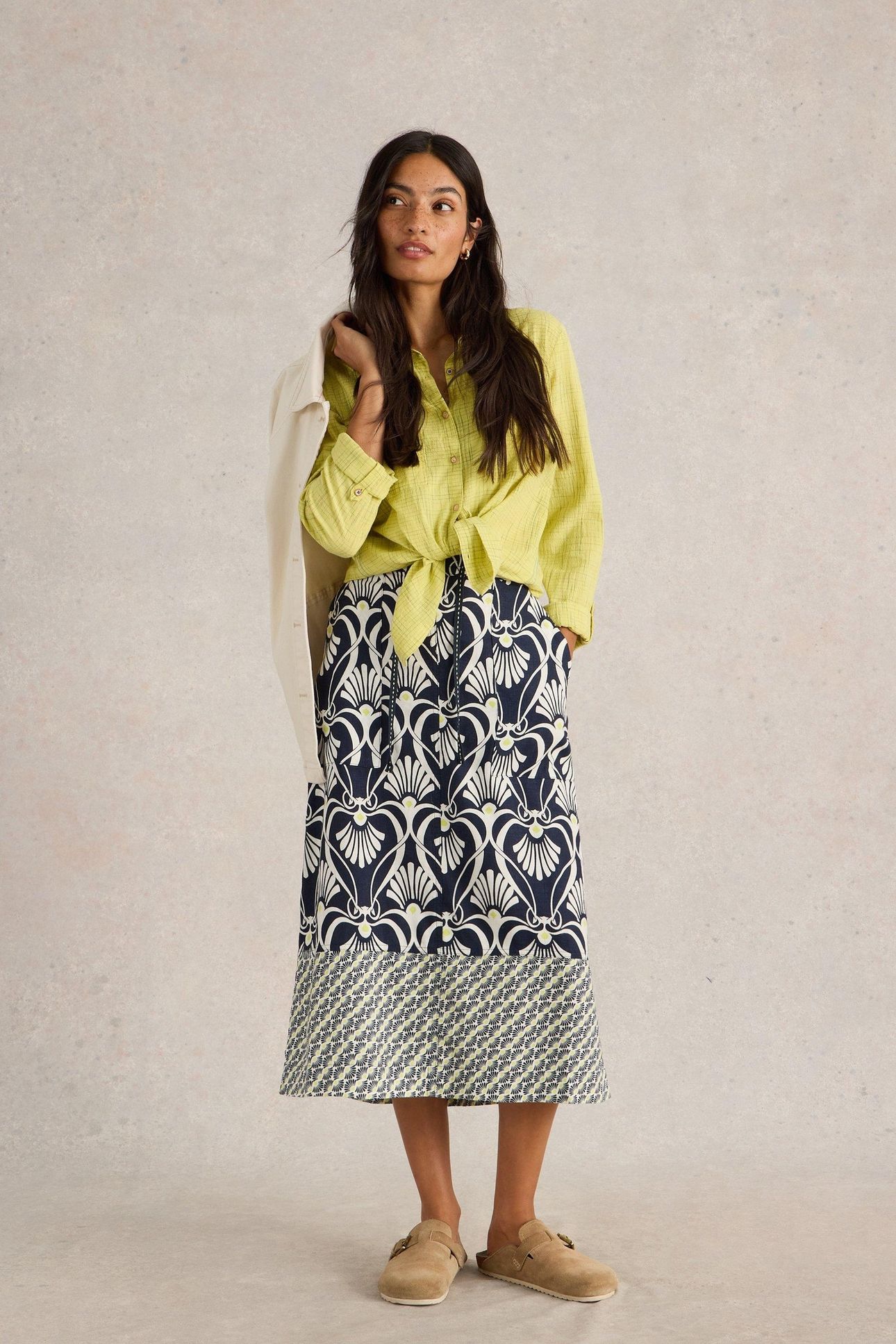 ELLE LINEN BLEND SKIRT NAVY PRINT 1