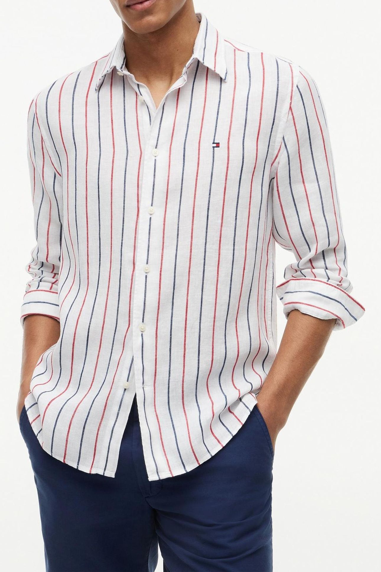 LINEN TEXTURED STRIPE SHIRT MEDIUM RED/STRIPE 1
