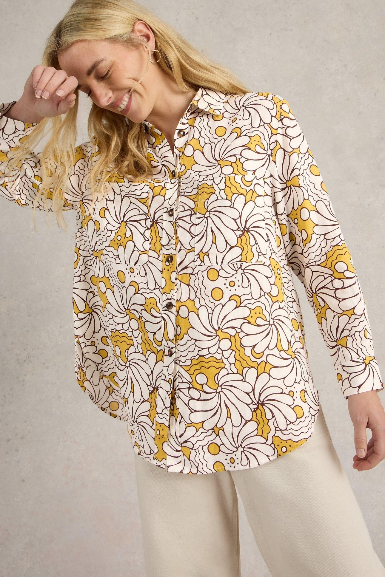 LYDIA LINEN SHIRT YELLOW PRINT 1