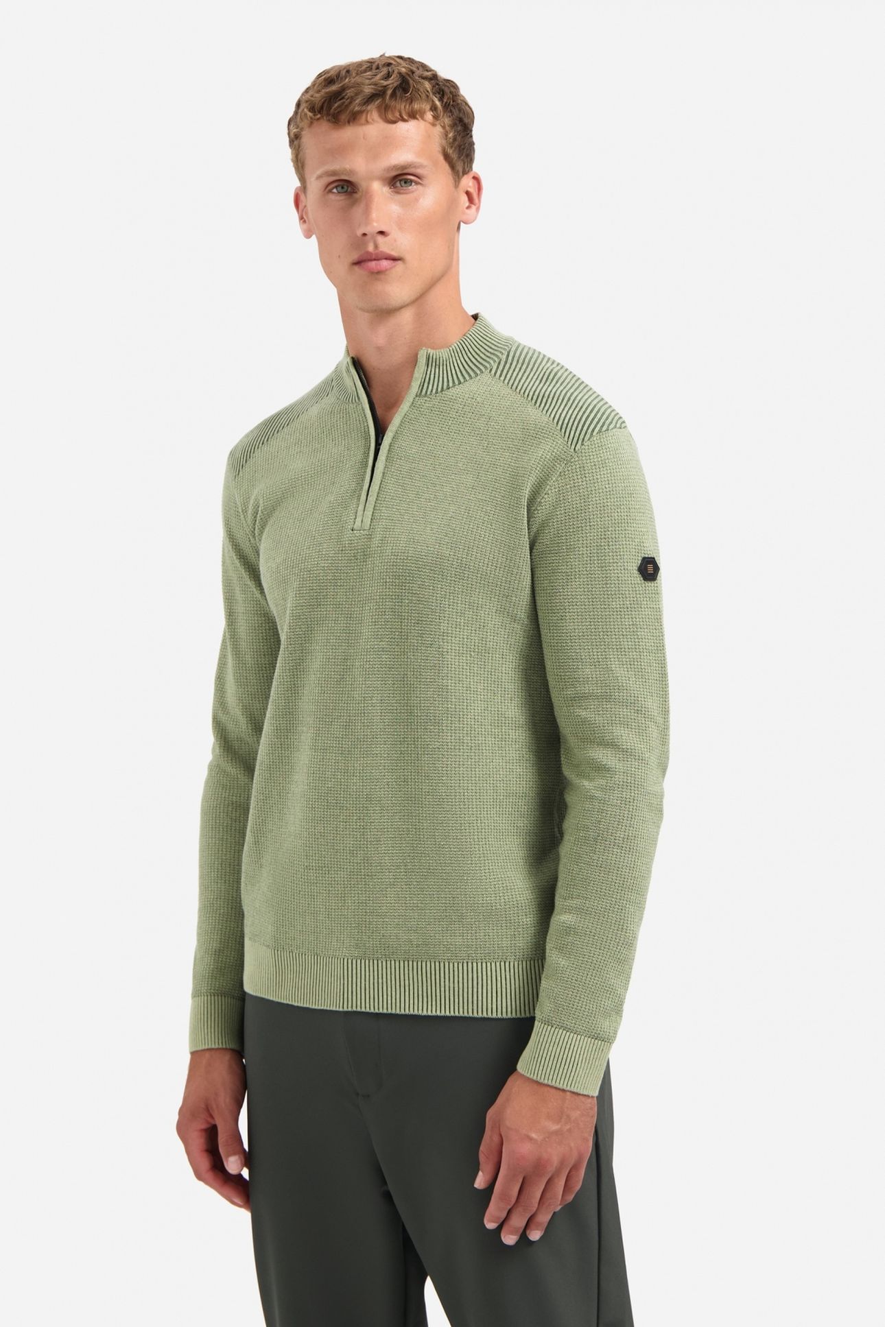 PULLOVER HALF ZIP PLATED STRUCTURE KNIT LIGHT MOSS 1