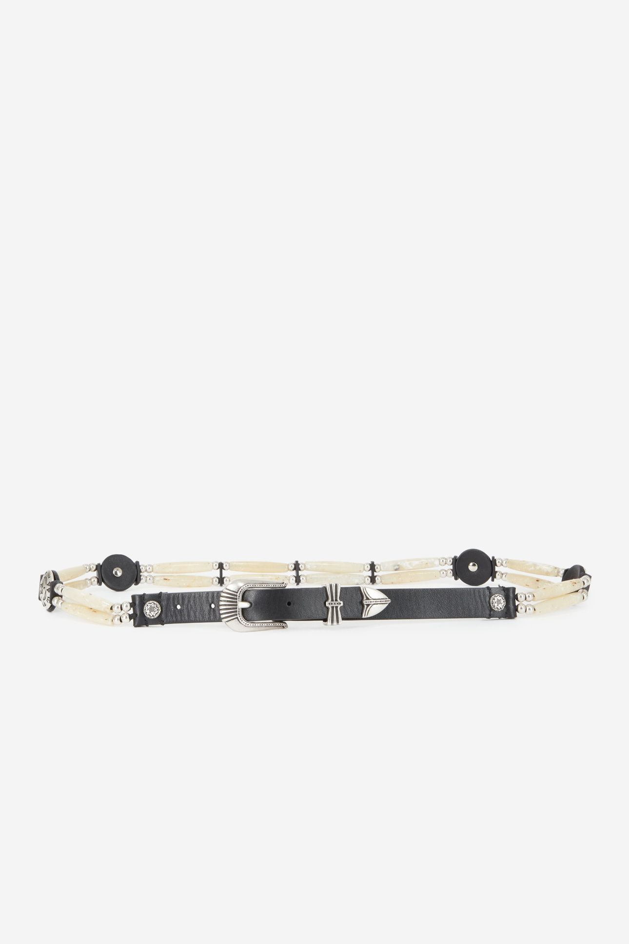 THIN LEATHER BELT WITH BEADS AND METAL PIECES ECRU 1