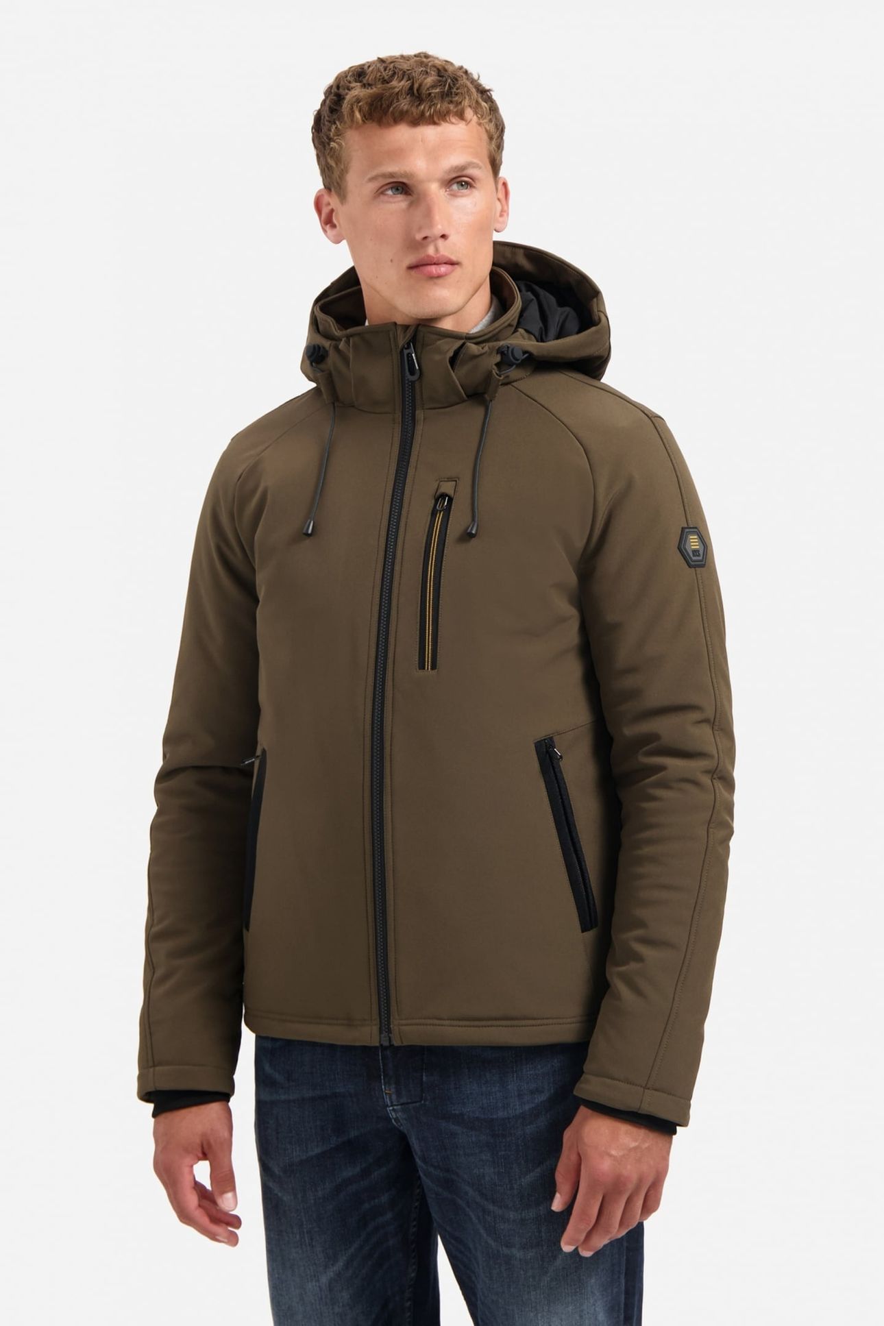 JACKET SHORT FIT HOODED SOFTSHELL STRETCH TAUPE 1
