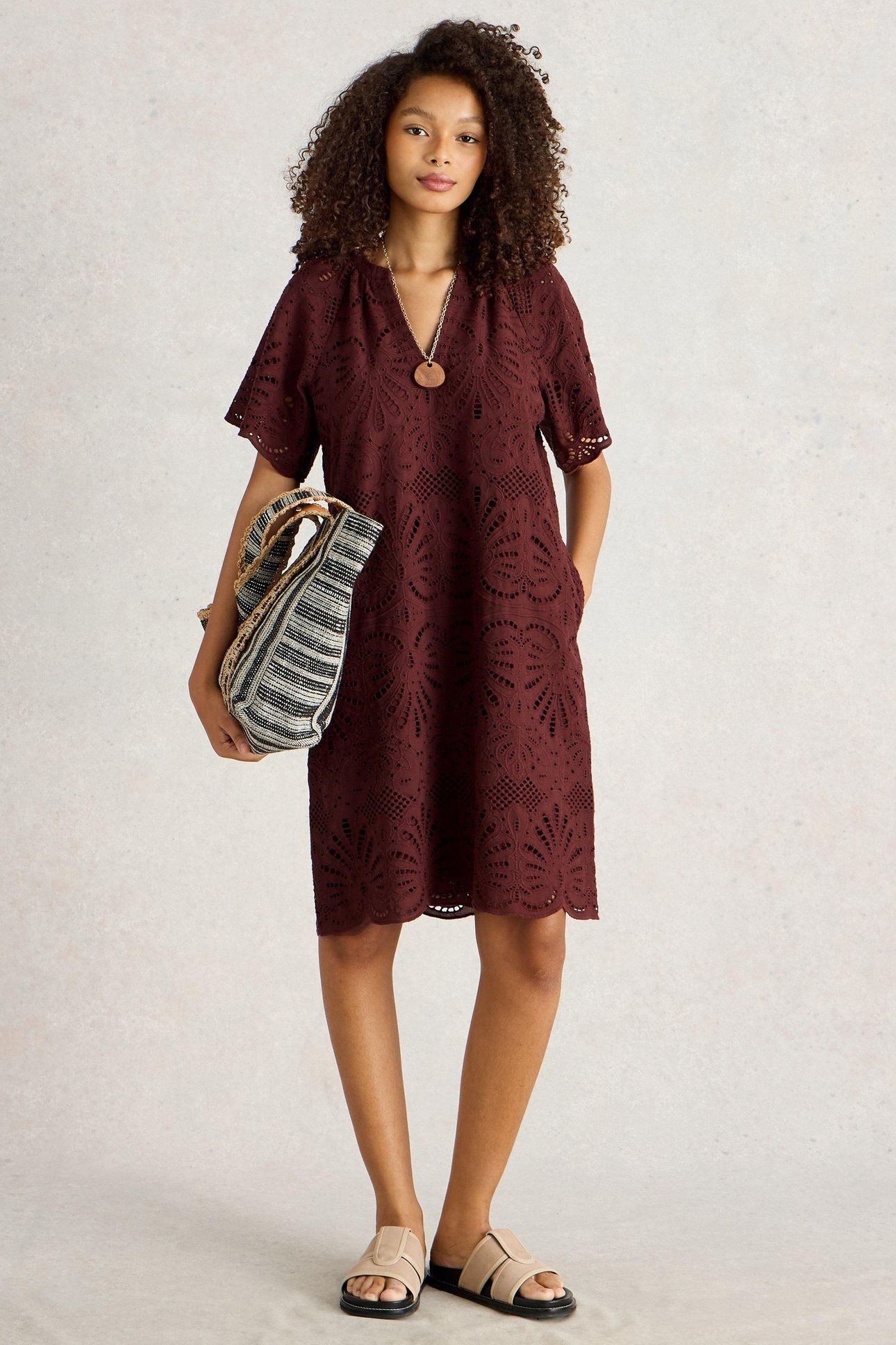 LINDSAY BRODERIE DRESS DARK RED 2
