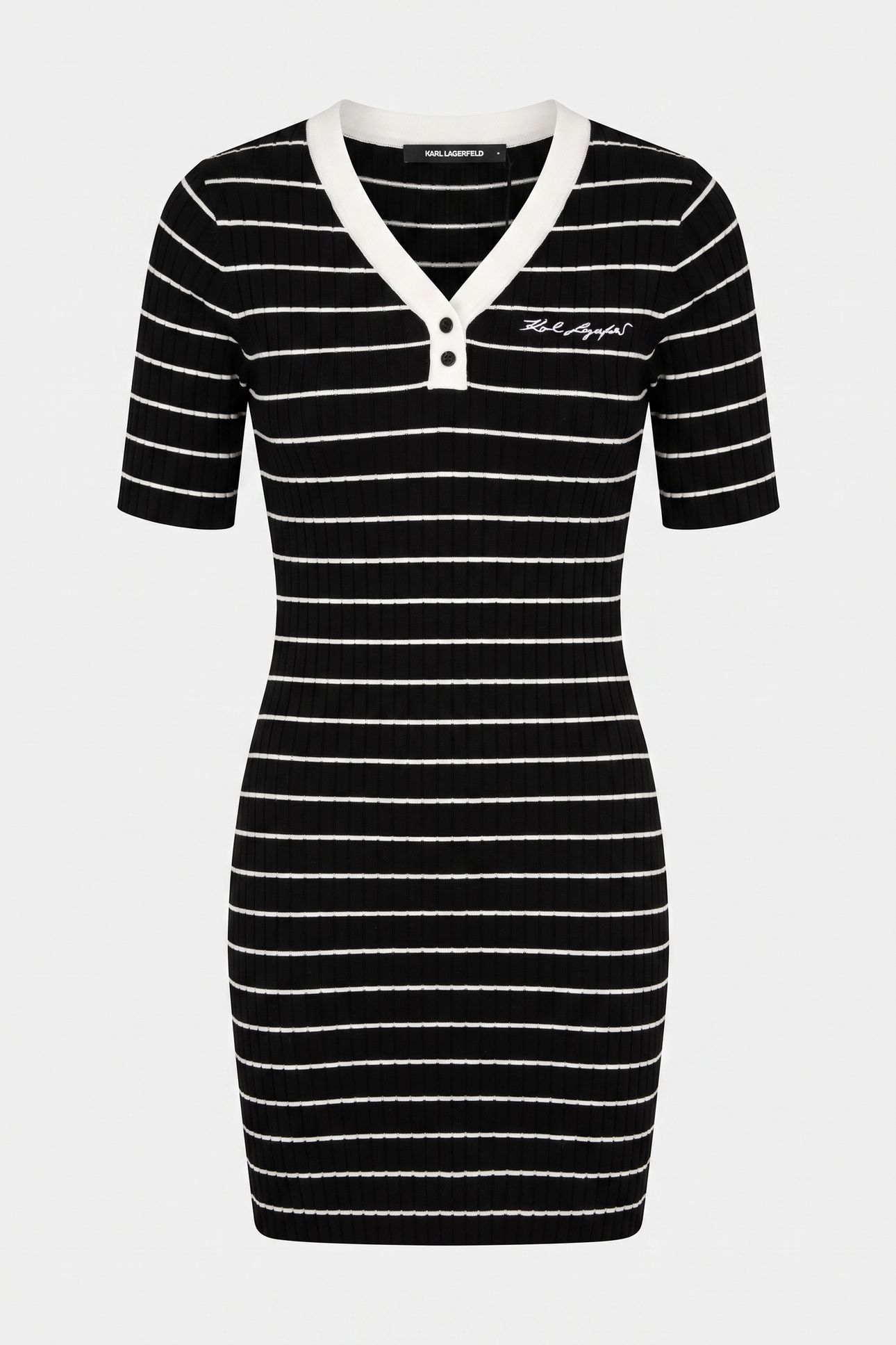 STRIPED V-NECK KNIT DRESS BLACK-WHITE STRIPES 3