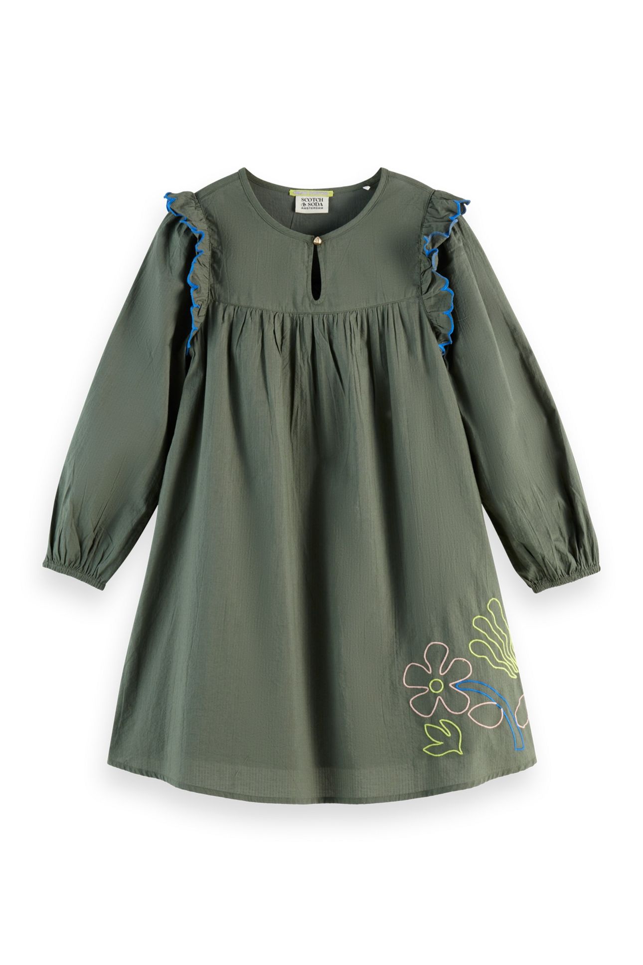 GIRLS SEERSUCKER EMBROIDERED DRESS THYME 2
