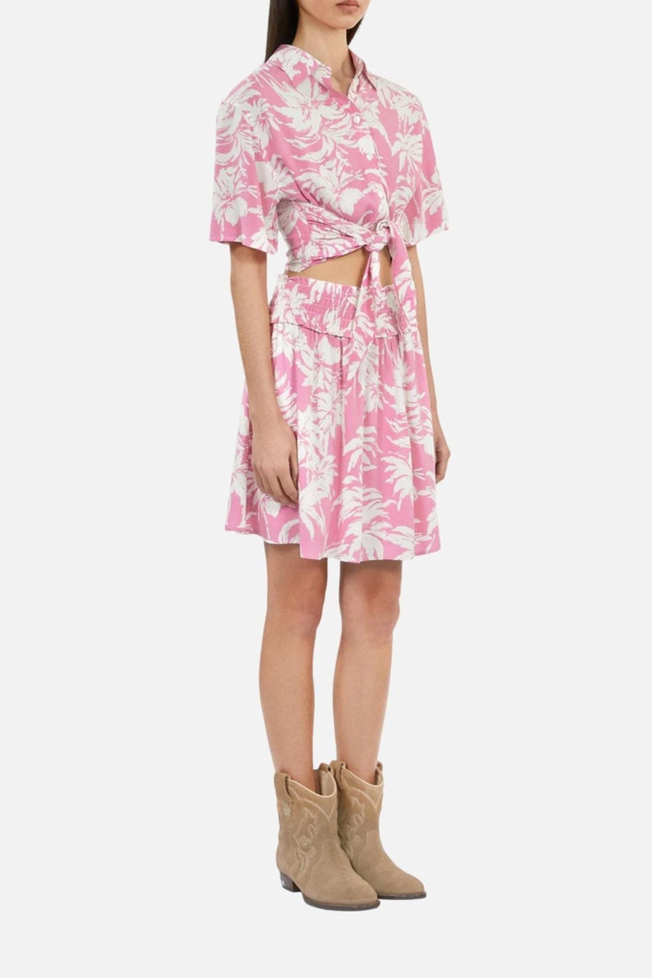 SHORT SKIRT WITH SMOCKED DETAILS PINK-WHITE 4