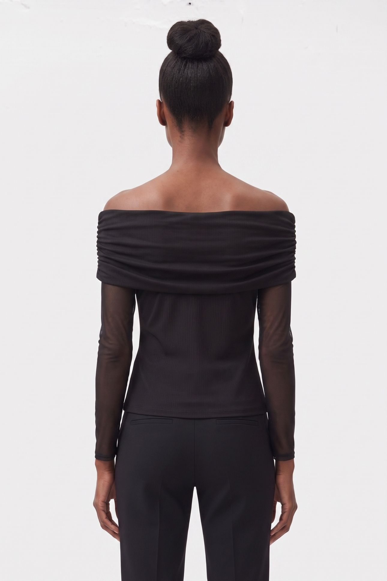 STRETCH BOAT NECK LONG SLEEVE MESH TOP BLACK 2
