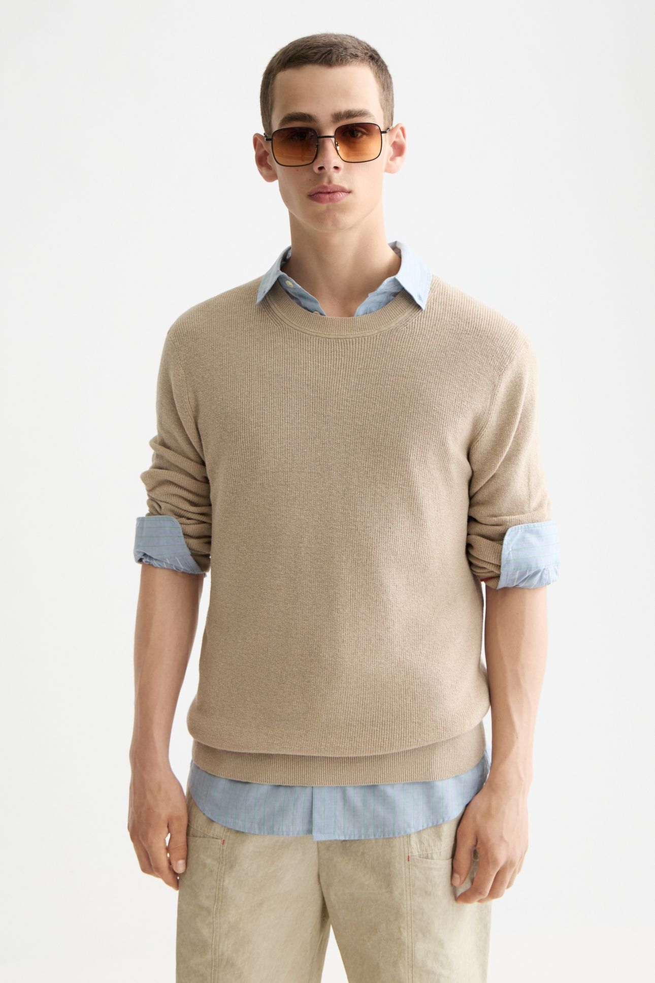 LINNEN BLEND CREW NECK PLAZA TAUPE 1